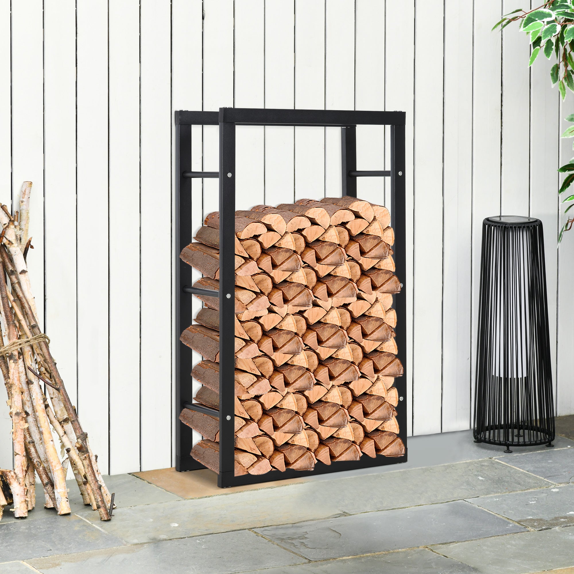 Firewood Rack Metal 60 x 25 x 100 cm Firewood Storage Aid Steel Frame up to 100kg Fireplace Wood Stand Outdoor Wood Rack Firewood Holder for Garden Terrace Outside Black