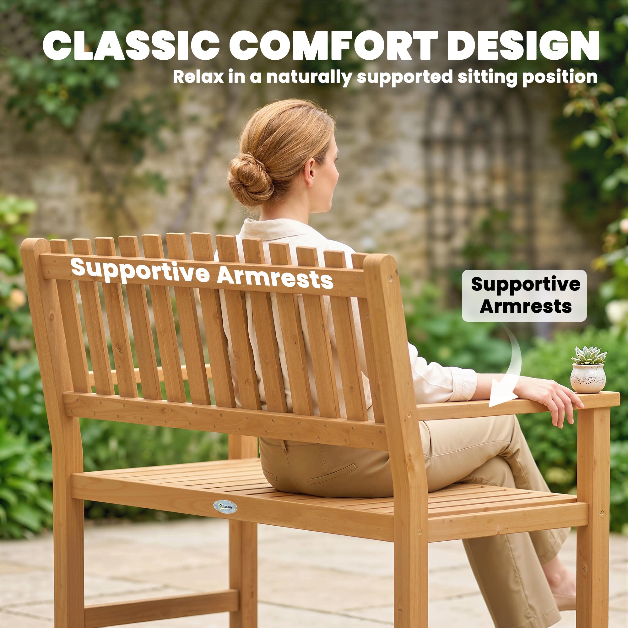 2-Seater Garden Bench | FSC Acacia Wood Slatted Seat with Armrests | Supports up to 320 kg (≈705 lb) | 112 x 64 x 92 cm (44.1 x 25.2 x 36.2 in) | Natural