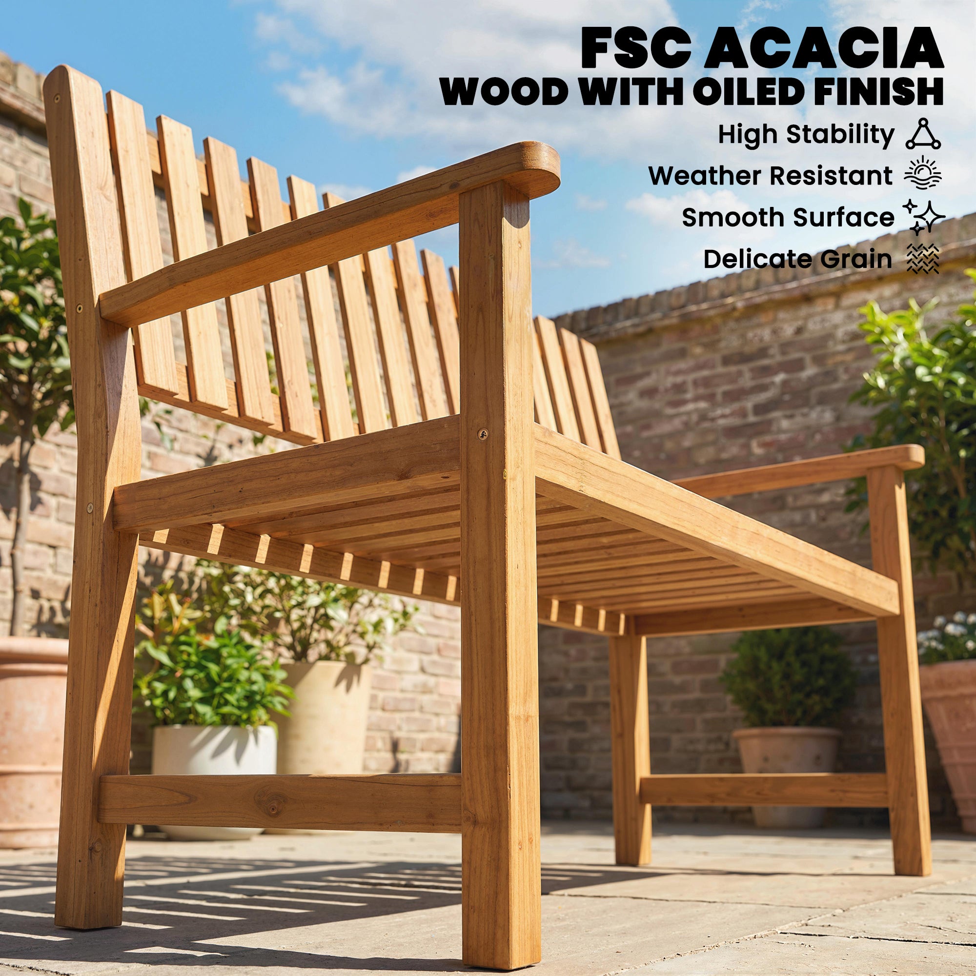 2-Seater Garden Bench | FSC Acacia Wood Slatted Seat with Armrests | Supports up to 320 kg (≈705 lb) | 112 x 64 x 92 cm (44.1 x 25.2 x 36.2 in) | Natural