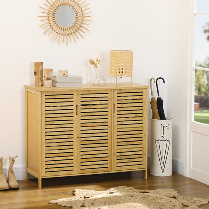 Bamboo Entryway Shoe Cabinet Shoe Rack with 3 Louvered Doors Adjustable Shelves for 16 Pairs of Shoes for Hallway Entry 100x35x80 cm Natural