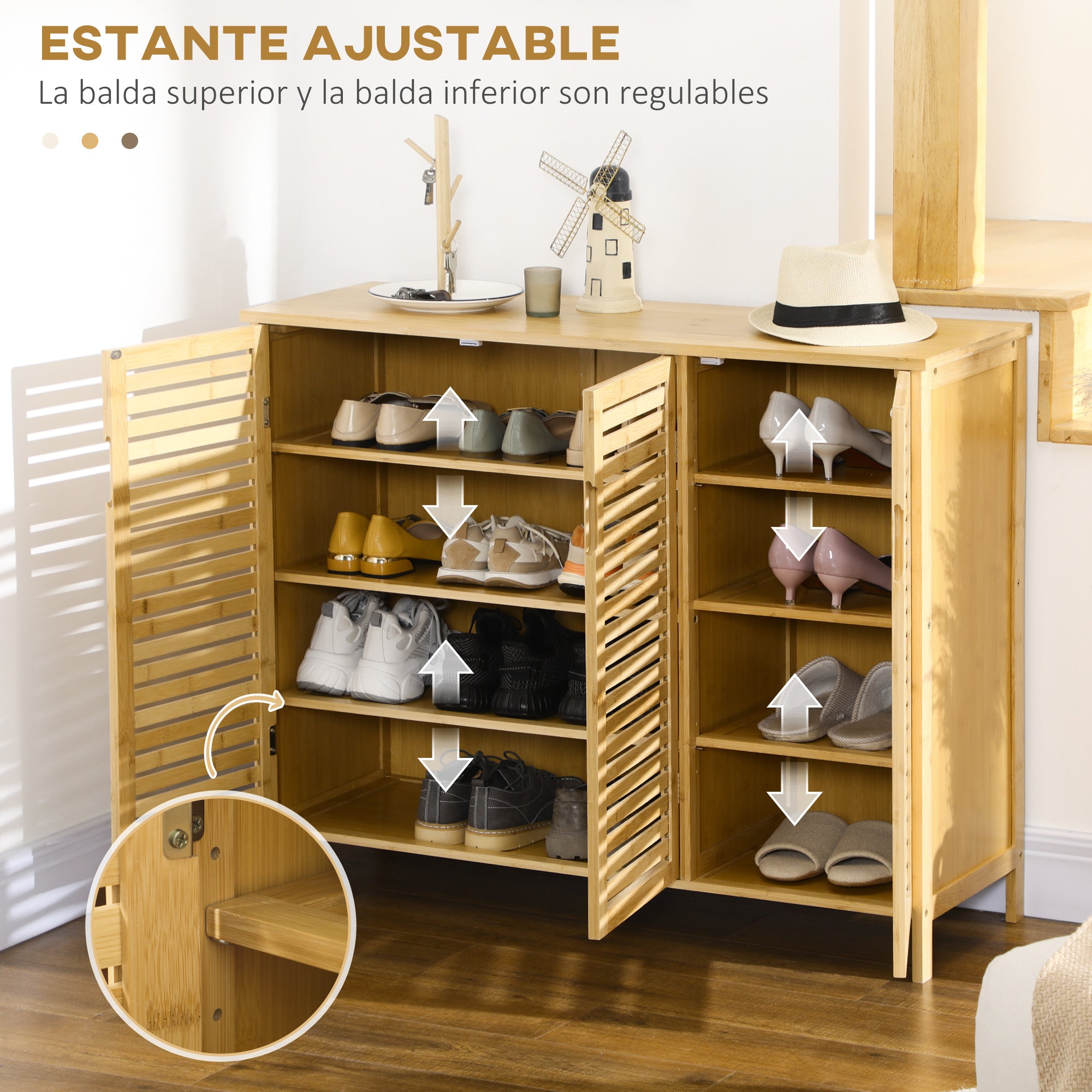 Bamboo Entryway Shoe Cabinet Shoe Rack with 3 Louvered Doors Adjustable Shelves for 16 Pairs of Shoes for Hallway Entry 100x35x80 cm Natural