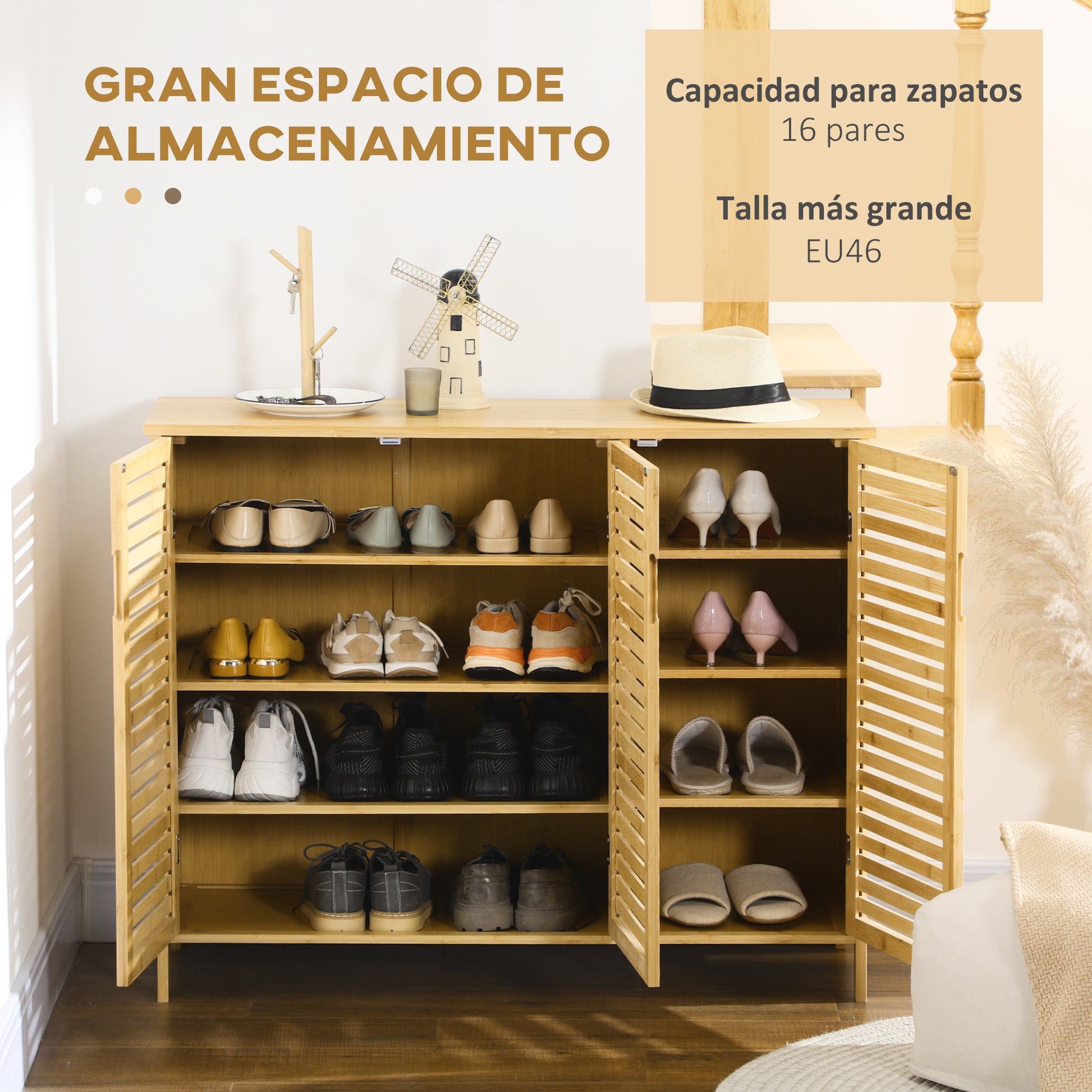 Bamboo Entryway Shoe Cabinet Shoe Rack with 3 Louvered Doors Adjustable Shelves for 16 Pairs of Shoes for Hallway Entry 100x35x80 cm Natural