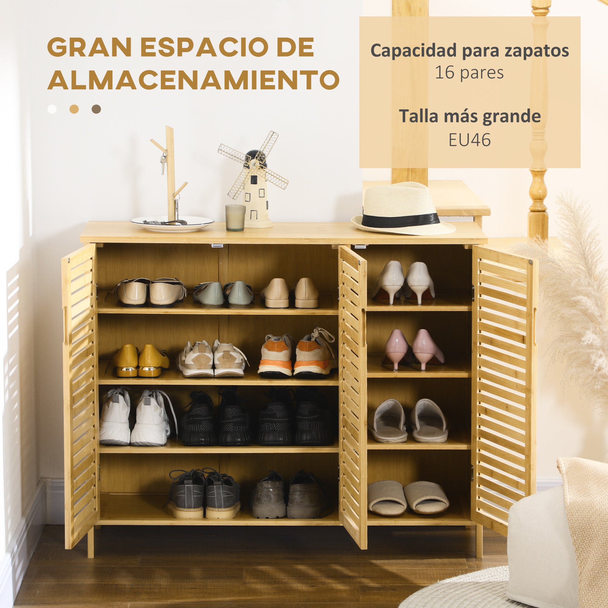 Bamboo Entryway Shoe Cabinet Shoe Rack with 3 Louvered Doors Adjustable Shelves for 16 Pairs of Shoes for Hallway Entry 100x35x80 cm Natural