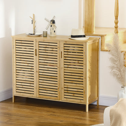 Bamboo Entryway Shoe Cabinet Shoe Rack with 3 Louvered Doors Adjustable Shelves for 16 Pairs of Shoes for Hallway Entry 100x35x80 cm Natural