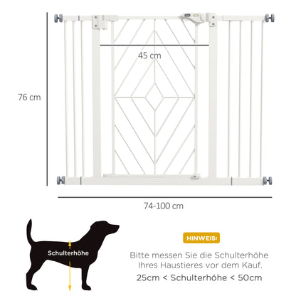 Dog Stair Gate, Dog Barrier Gate with Automatic Closing Door, 74-100 cm, Door Safety Gate, No Drilling, Dog Barrier, White