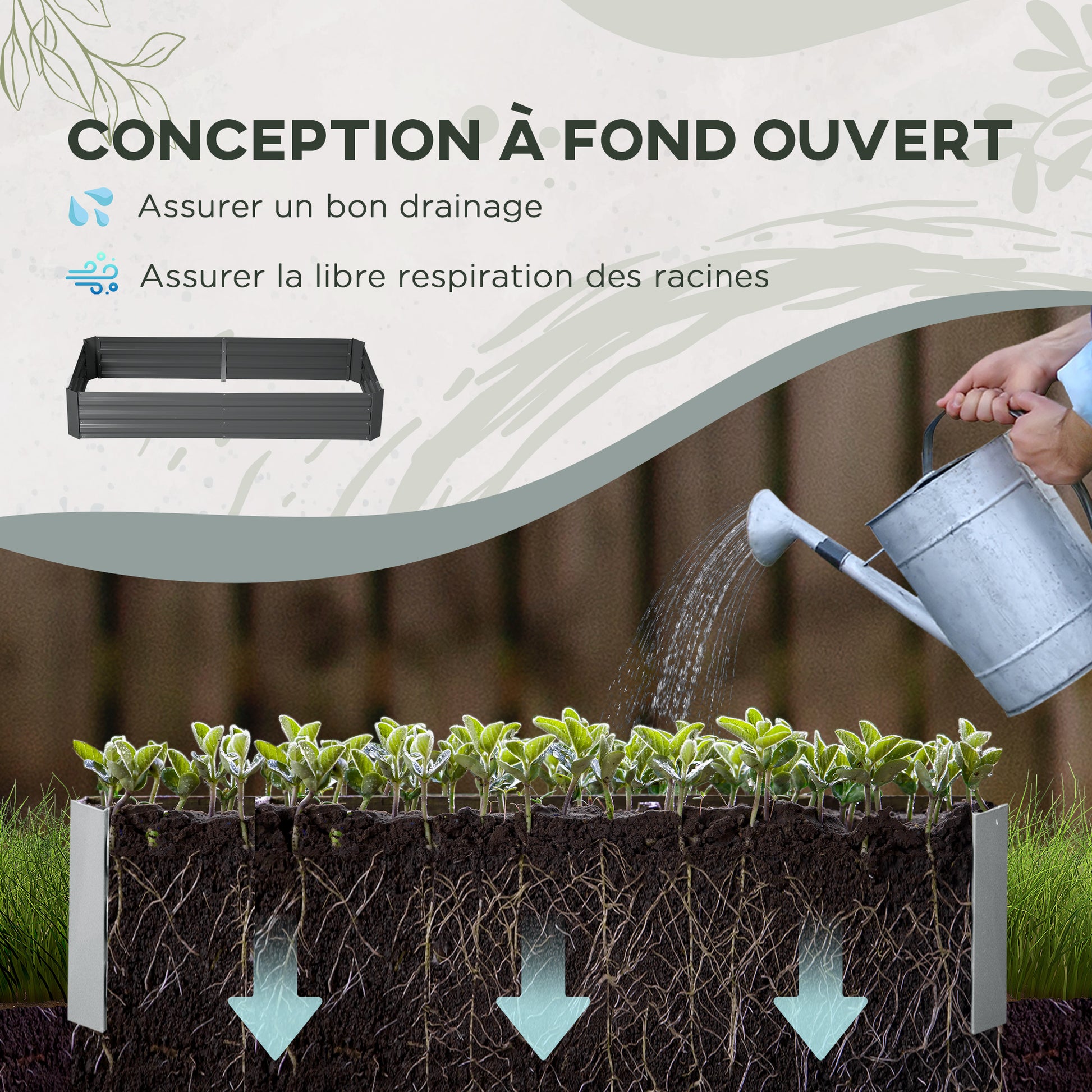 Large Capacity Rectangular Metal Garden Planter 180 x 90 x 29.5 cm with Stakes for Tomatoes and Climbing Plants