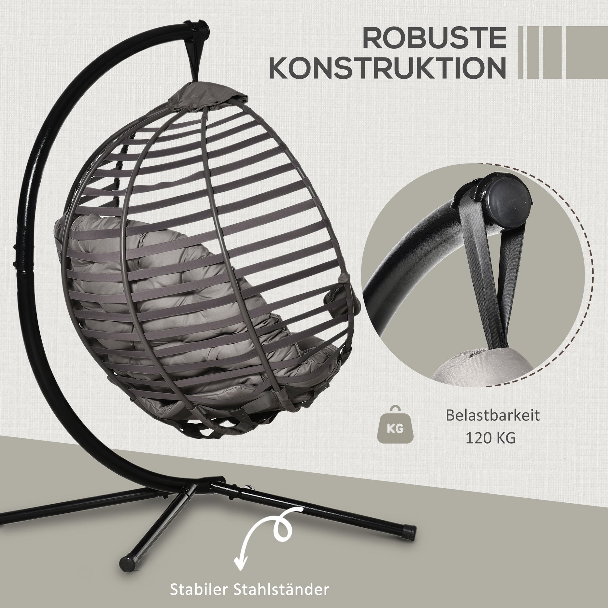 Hanging Chair with Stand, Egg-shaped Hanging Swing with Soft Seat Cushions, Foldable Hammock for Outdoor Swing Chair Indoor Outdoor, Patio, Garden, Gray