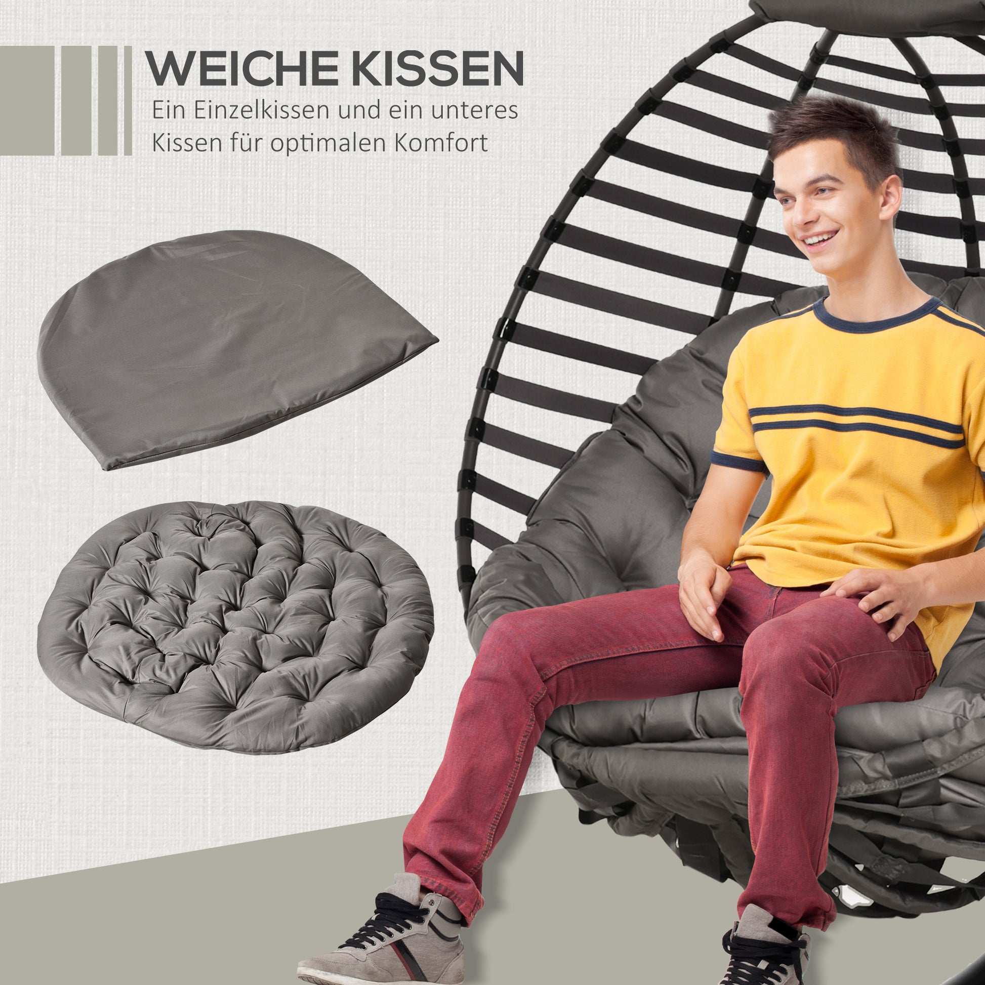 Hanging Chair with Stand, Egg-shaped Hanging Swing with Soft Seat Cushions, Foldable Hammock for Outdoor Swing Chair Indoor Outdoor, Patio, Garden, Gray
