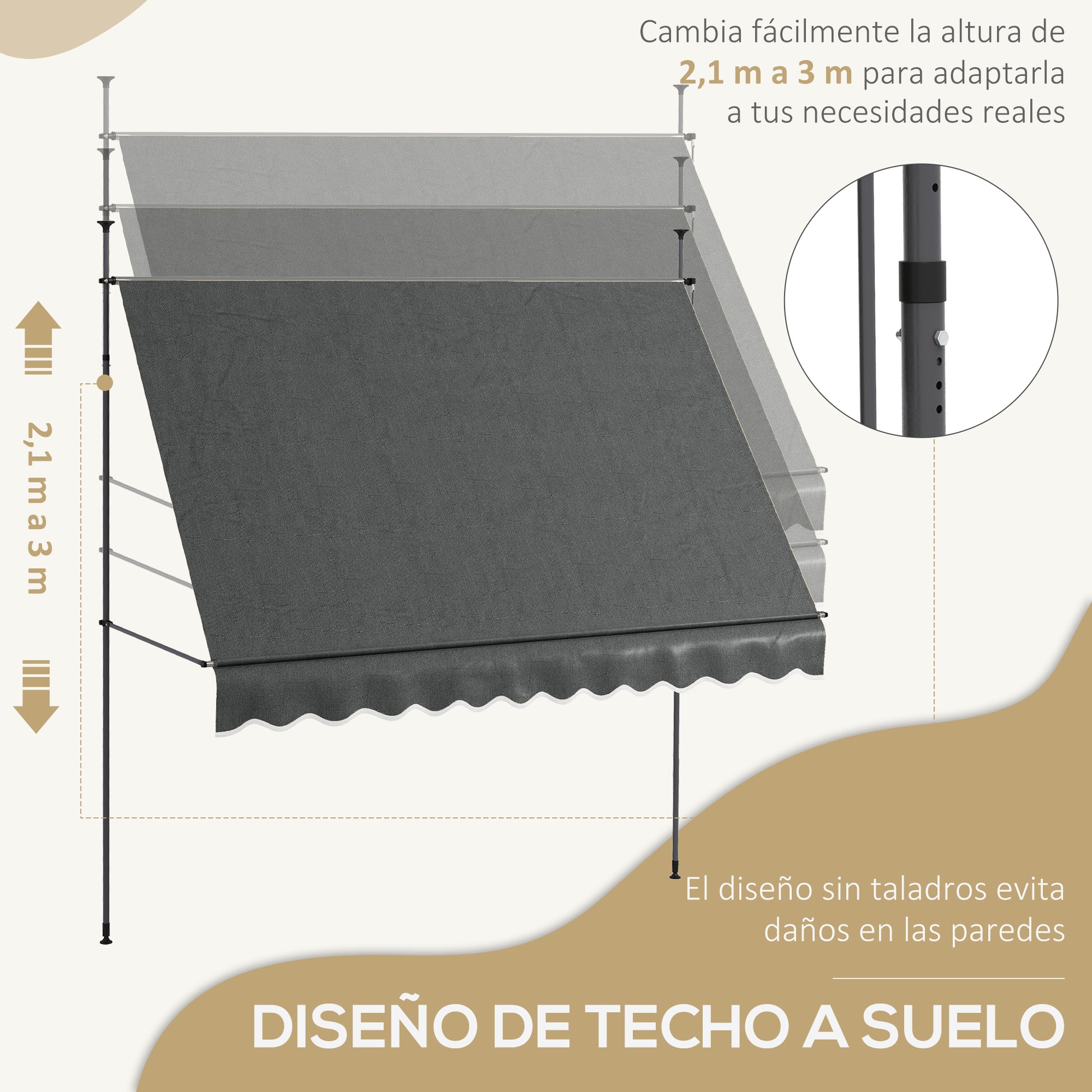 Manual Retractable Awning 3x1.2 m Exterior Terrace Roll-Up Awning Adjustable Height with Crank 210-300 cm No Drill UV30+ Protection for Balcony Garden Dark Gray