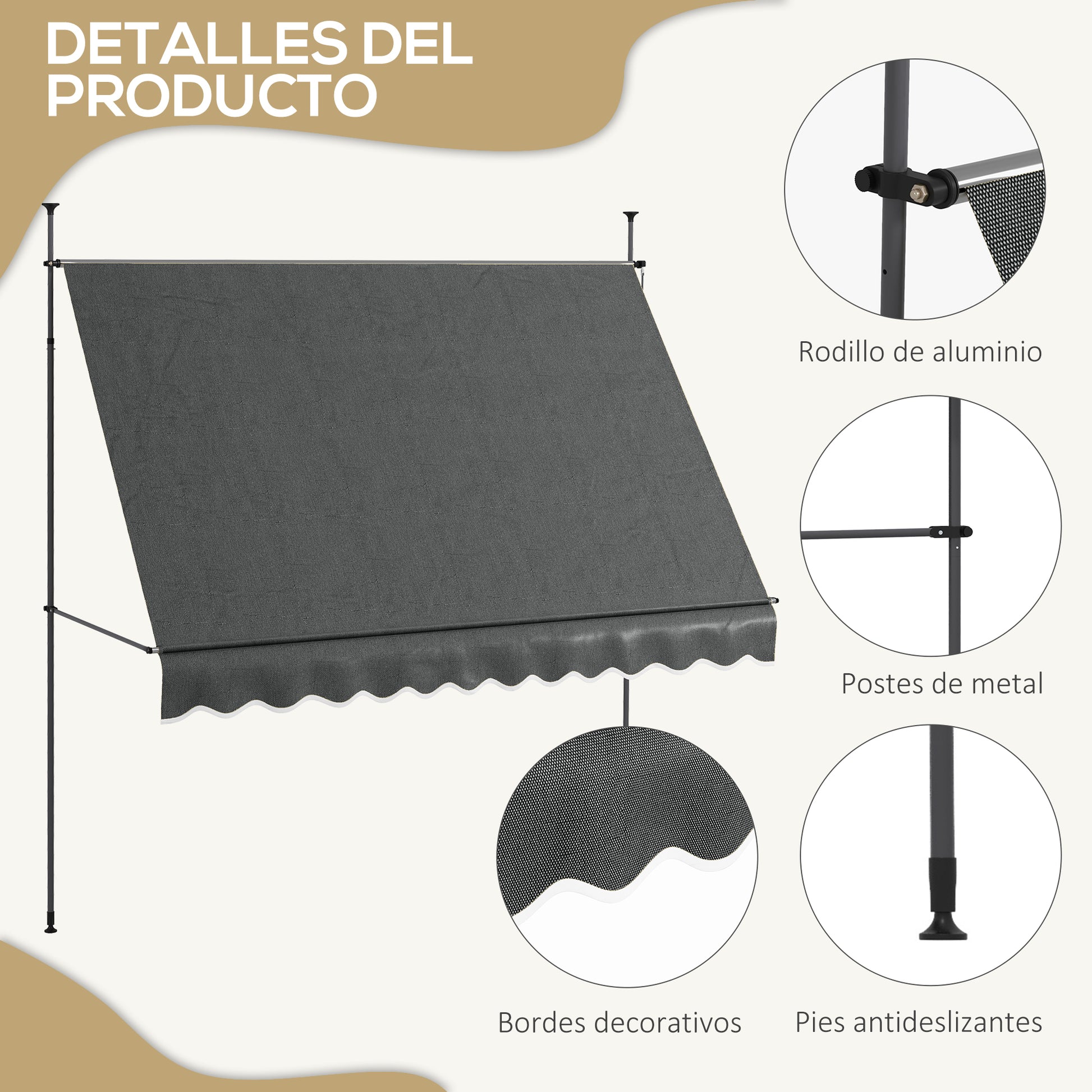 Manual Retractable Awning 3x1.2 m Exterior Terrace Roll-Up Awning Adjustable Height with Crank 210-300 cm No Drill UV30+ Protection for Balcony Garden Dark Gray