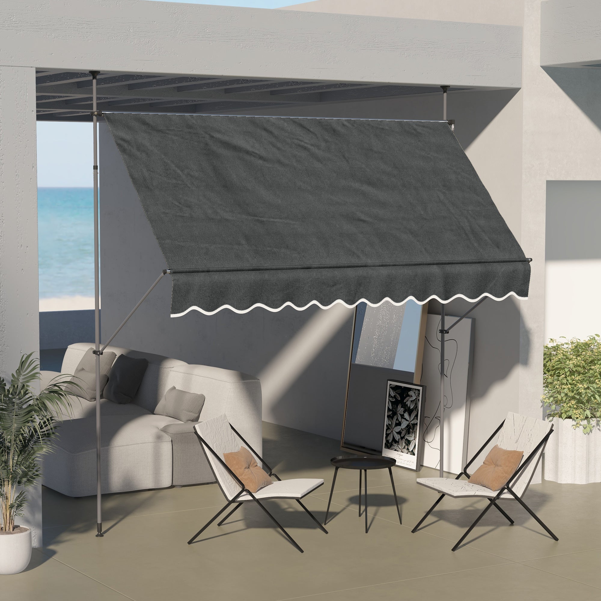 Manual Retractable Awning 3x1.2 m Exterior Terrace Roll-Up Awning Adjustable Height with Crank 210-300 cm No Drill UV30+ Protection for Balcony Garden Dark Gray