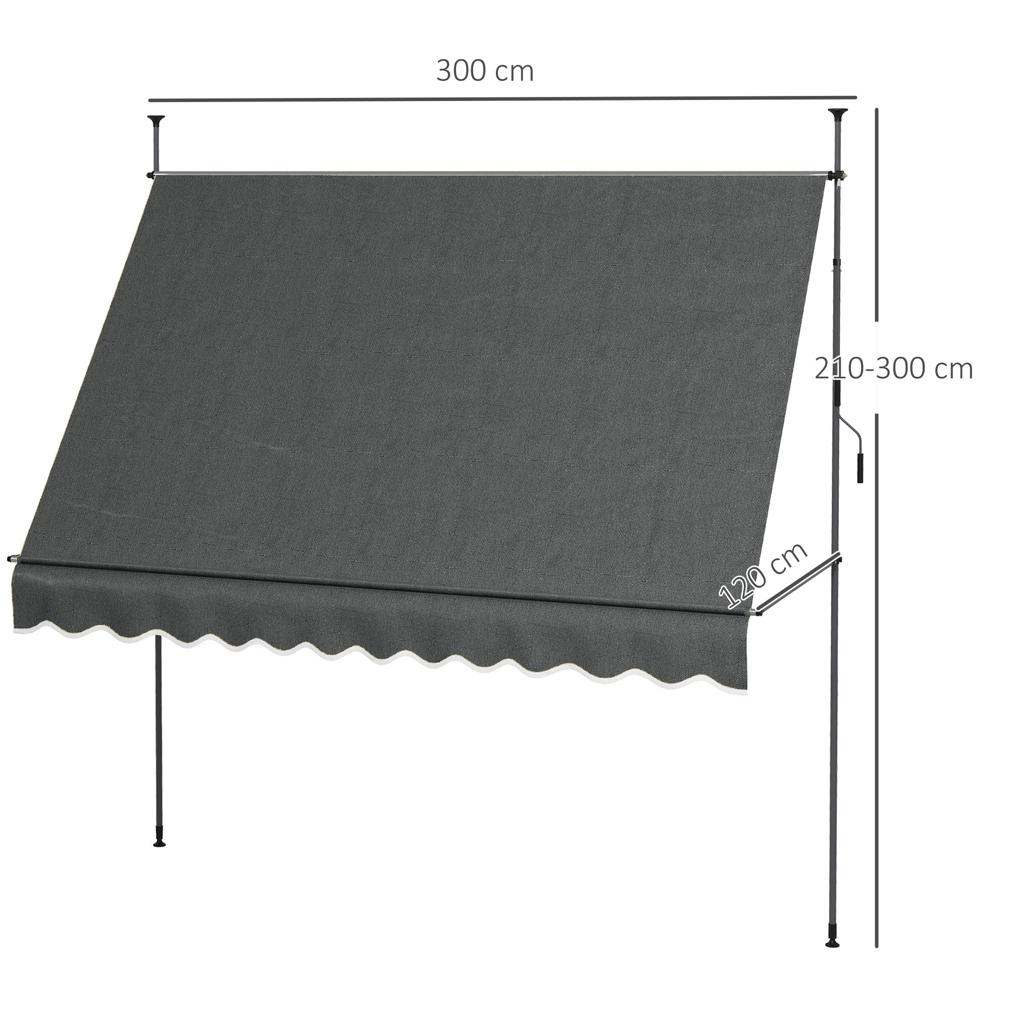 Manual Retractable Awning 3x1.2 m Exterior Terrace Roll-Up Awning Adjustable Height with Crank 210-300 cm No Drill UV30+ Protection for Balcony Garden Dark Gray