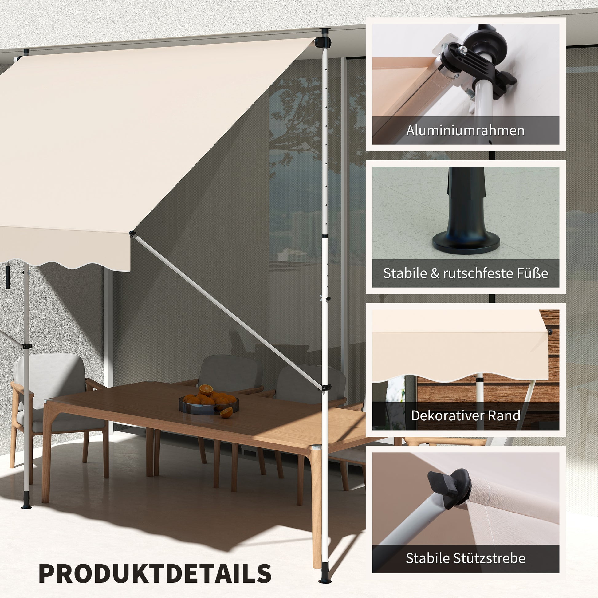 clamp awning with hand crank adjustable height retractable arm awning dirt-repellent, weather-resistant balcony awning 150cm wide patio awning for terrace balcony veranda Beige