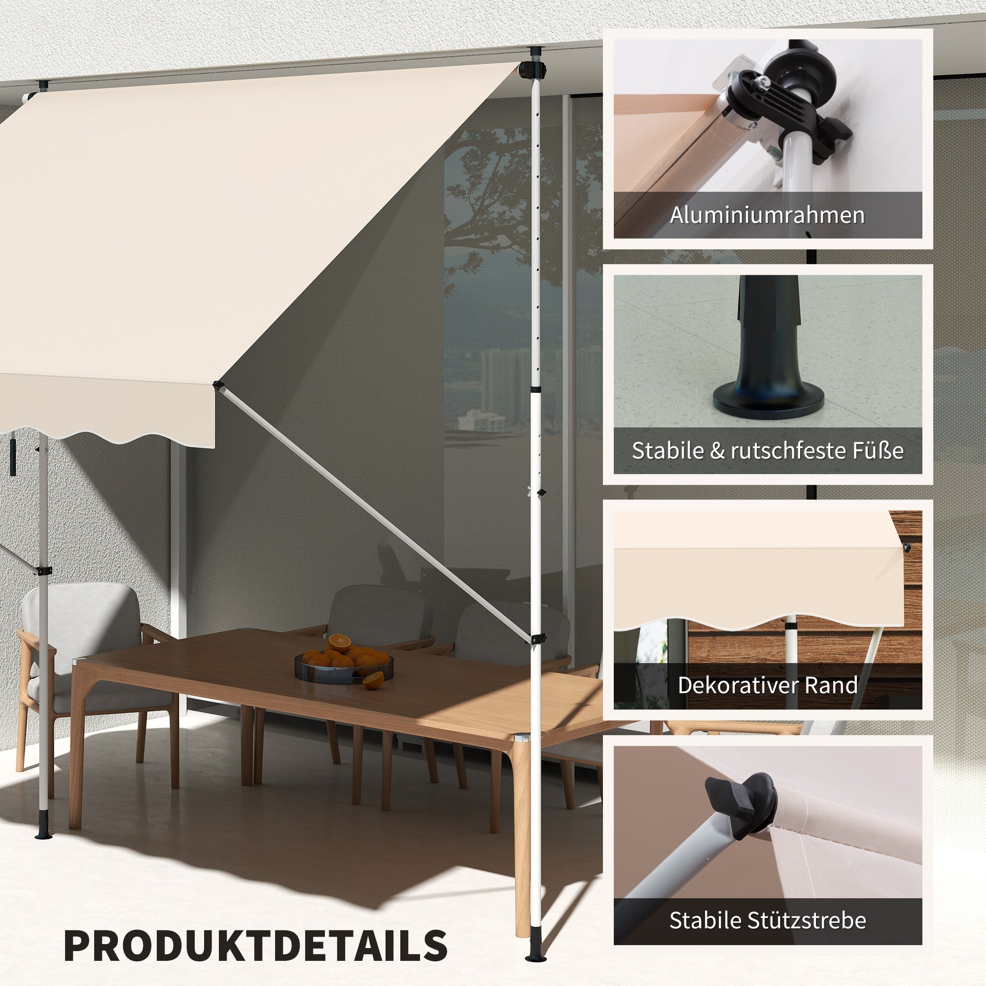 clamp awning with hand crank adjustable height retractable arm awning dirt-repellent, weather-resistant balcony awning 150cm wide patio awning for terrace balcony veranda Beige