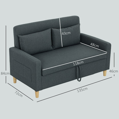 2-Seater Fabric Sofa with Armrests and 2 Removable Cushions, Modern 2-Seater Sofa with Storage Compartment, Side Pockets, and Wooden Legs for Living Room and Lounge, 135x72x84cm, Dark Grey