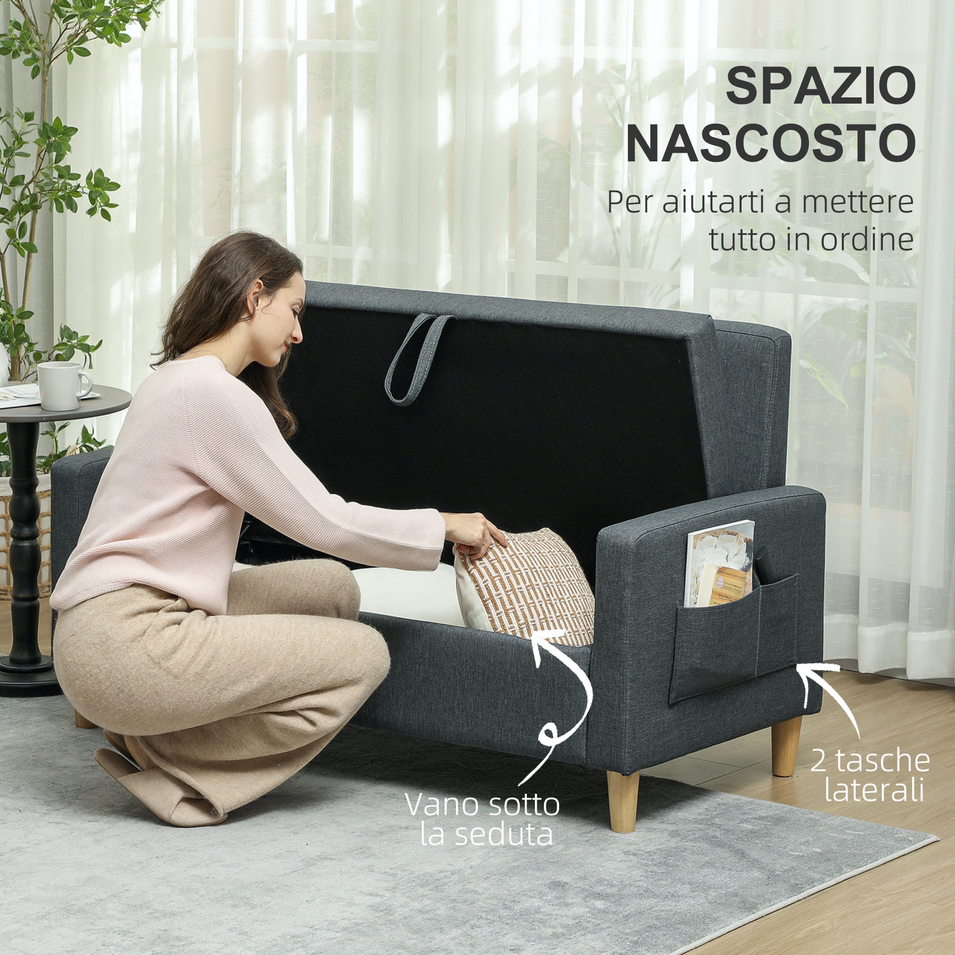 2-Seater Fabric Sofa with Armrests and 2 Removable Cushions, Modern 2-Seater Sofa with Storage Compartment, Side Pockets, and Wooden Legs for Living Room and Lounge, 135x72x84cm, Dark Grey