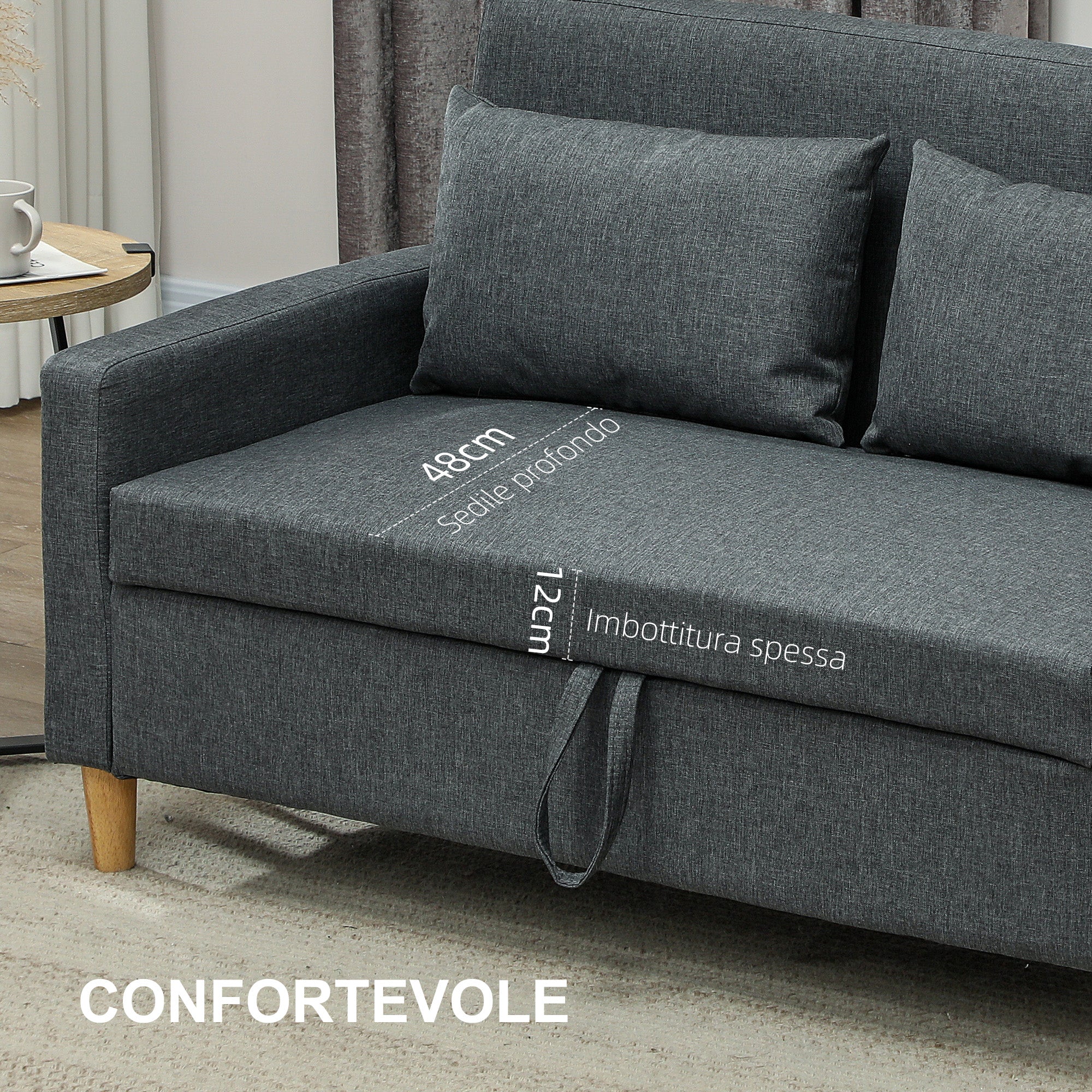 2-Seater Fabric Sofa with Armrests and 2 Removable Cushions, Modern 2-Seater Sofa with Storage Compartment, Side Pockets, and Wooden Legs for Living Room and Lounge, 135x72x84cm, Dark Grey