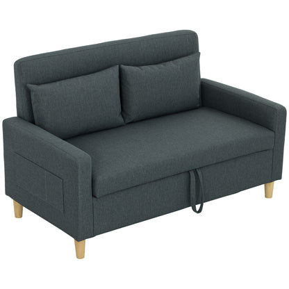 2-Seater Fabric Sofa with Armrests and 2 Removable Cushions, Modern 2-Seater Sofa with Storage Compartment, Side Pockets, and Wooden Legs for Living Room and Lounge, 135x72x84cm, Dark Grey