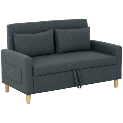 2-Seater Fabric Sofa with Armrests and 2 Removable Cushions, Modern 2-Seater Sofa with Storage Compartment, Side Pockets, and Wooden Legs for Living Room and Lounge, 135x72x84cm, Dark Grey