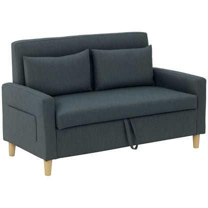 2-Seater Fabric Sofa with Armrests and 2 Removable Cushions, Modern 2-Seater Sofa with Storage Compartment, Side Pockets, and Wooden Legs for Living Room and Lounge, 135x72x84cm, Dark Grey