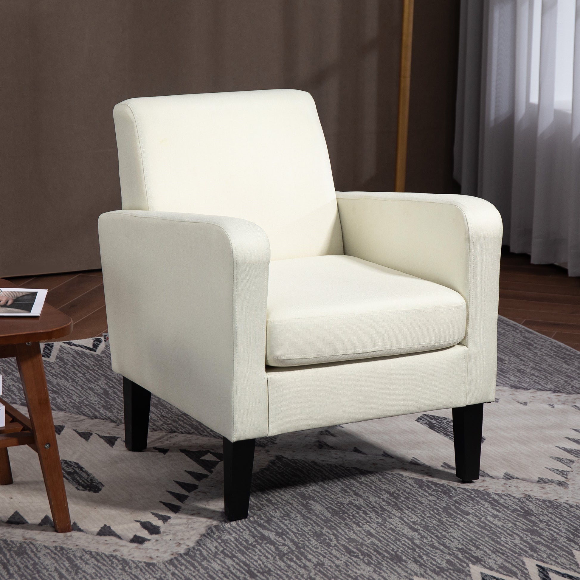Single Armchair with Backrest, Rounded Armrests, Padded Lounge Chair with Linen Look, Wooden Legs, for Bedroom, Living Room, up to 150 kg, Cream