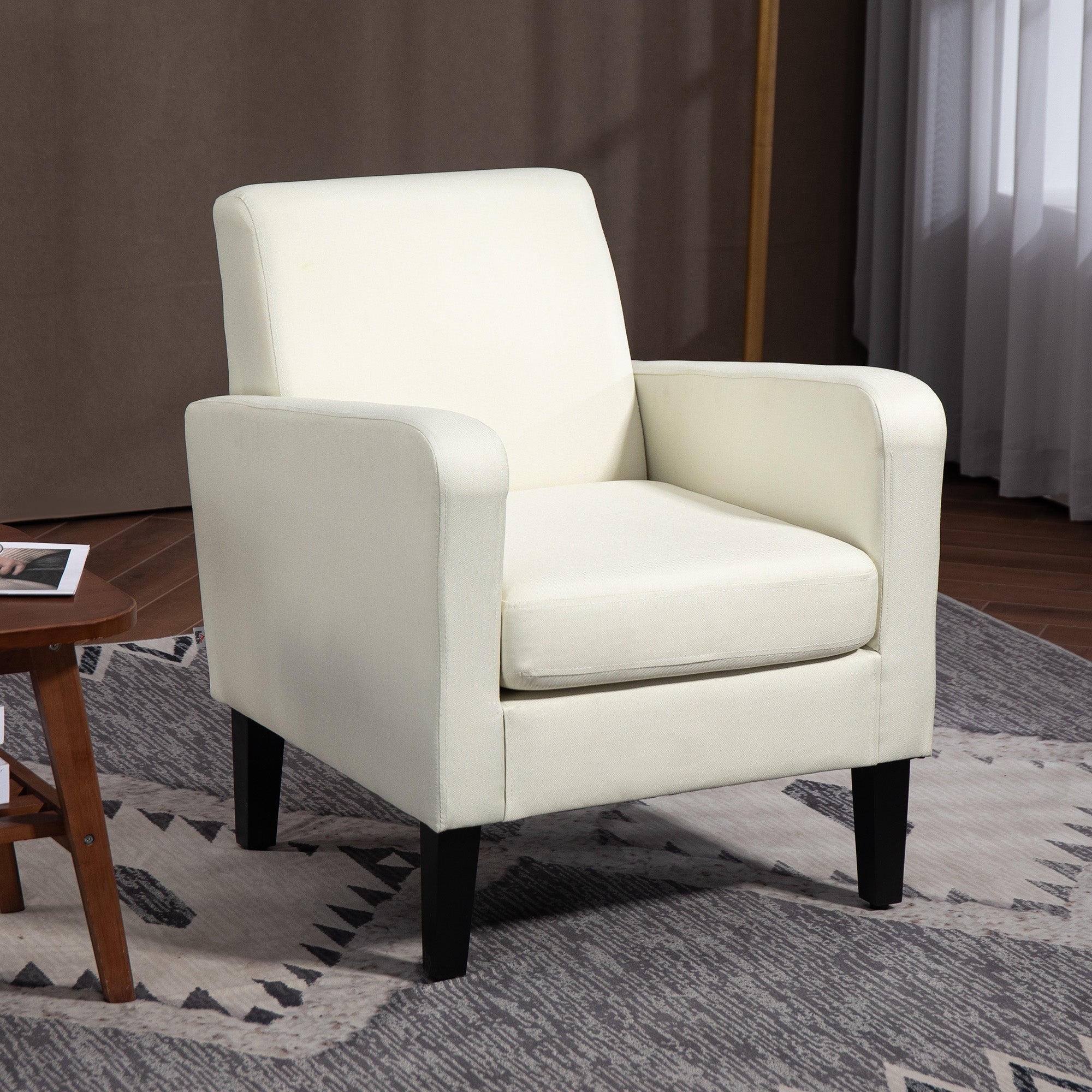 Single Armchair with Backrest, Rounded Armrests, Padded Lounge Chair with Linen Look, Wooden Legs, for Bedroom, Living Room, up to 150 kg, Cream