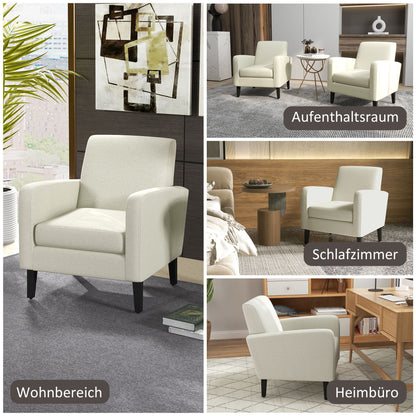 Single Armchair with Backrest, Rounded Armrests, Padded Lounge Chair with Linen Look, Wooden Legs, for Bedroom, Living Room, up to 150 kg, Cream