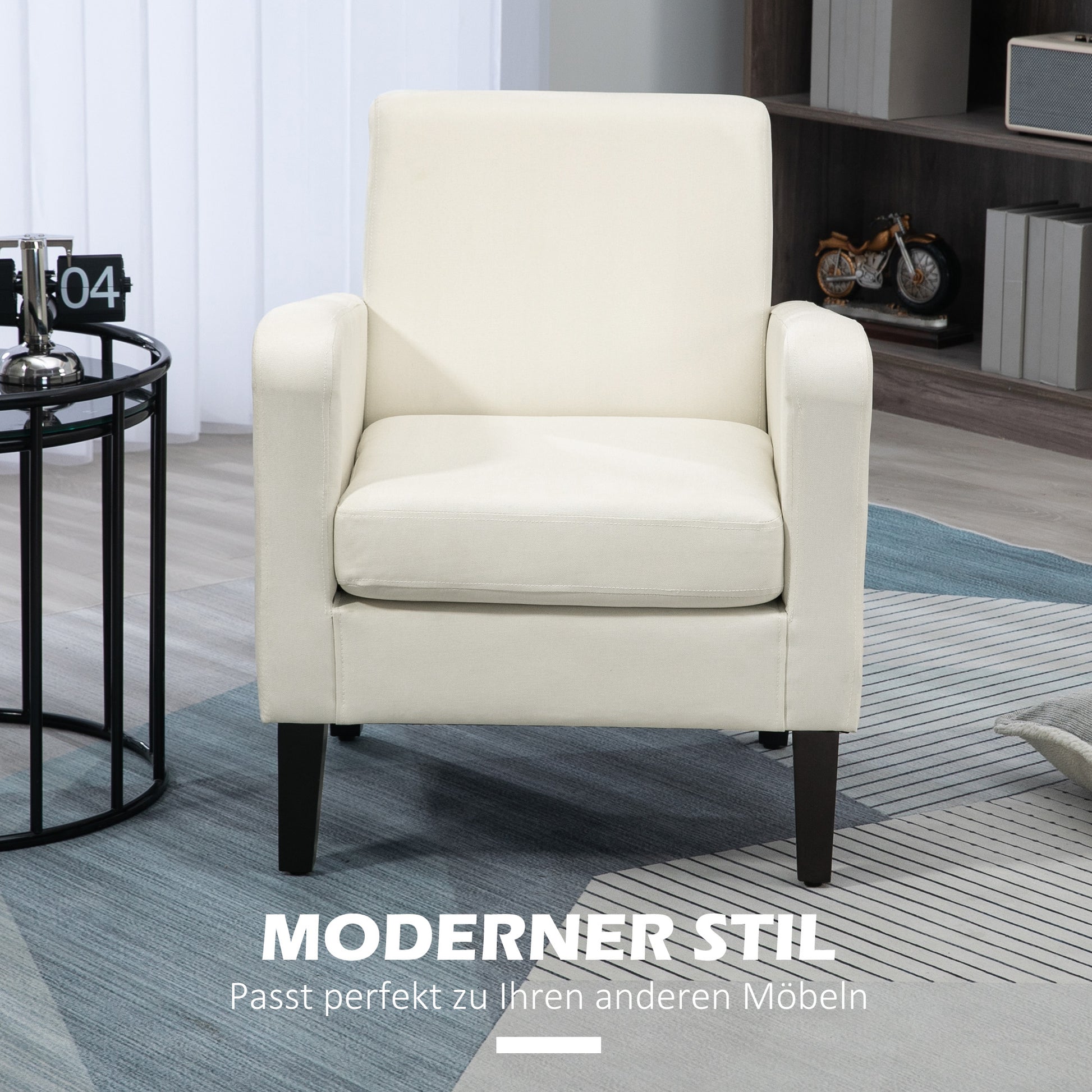 Single Armchair with Backrest, Rounded Armrests, Padded Lounge Chair with Linen Look, Wooden Legs, for Bedroom, Living Room, up to 150 kg, Cream