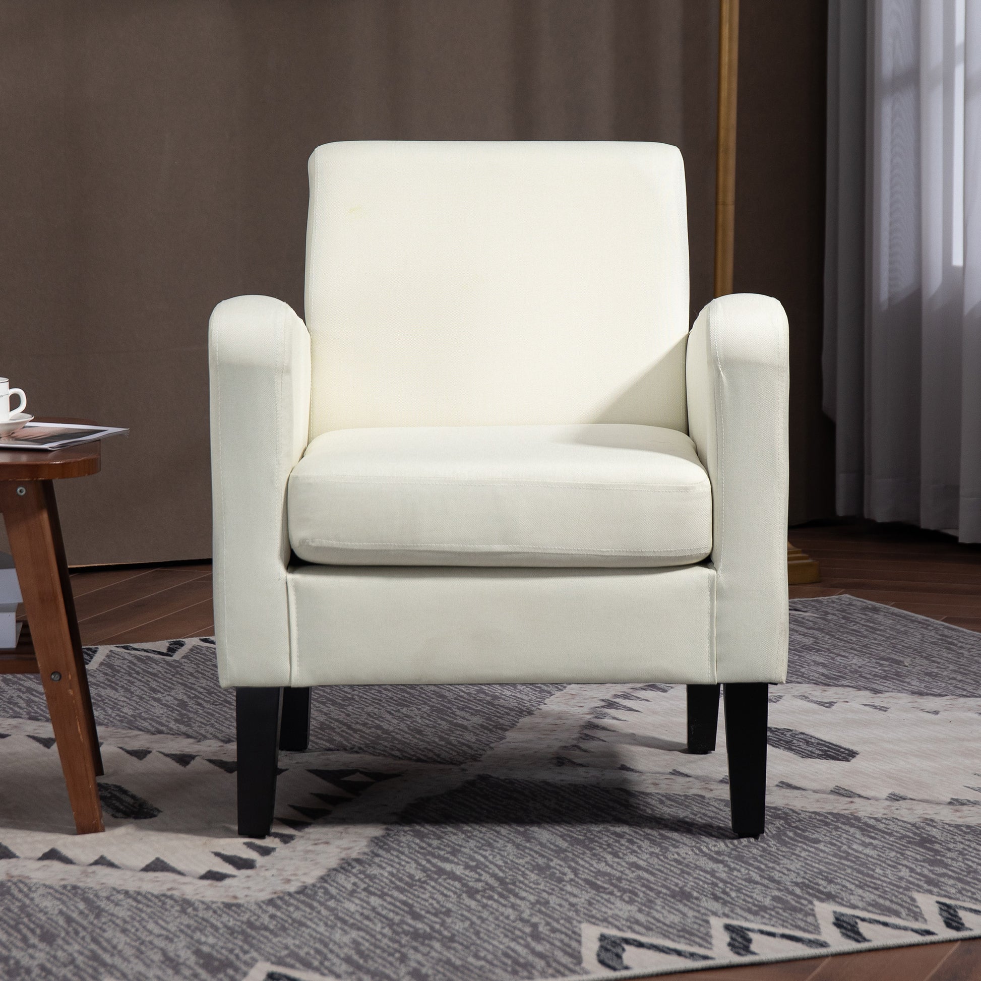 Single Armchair with Backrest, Rounded Armrests, Padded Lounge Chair with Linen Look, Wooden Legs, for Bedroom, Living Room, up to 150 kg, Cream