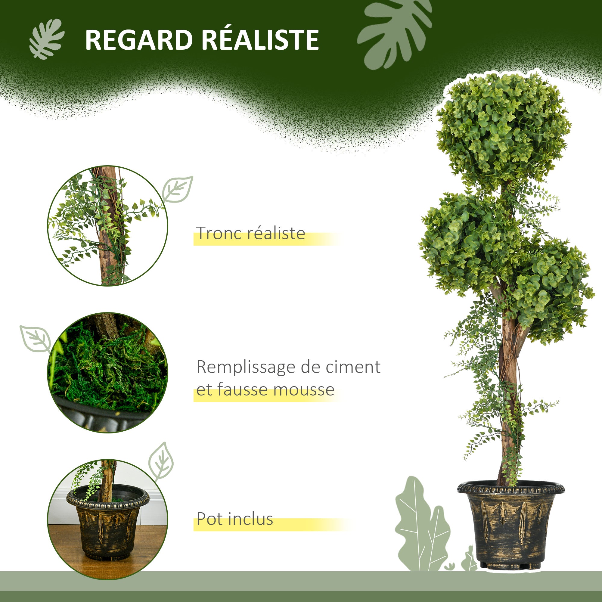 Artificial Boxwood Tree with 3 Balls and Cement Pot, Indoor and Outdoor, Height 115 cm