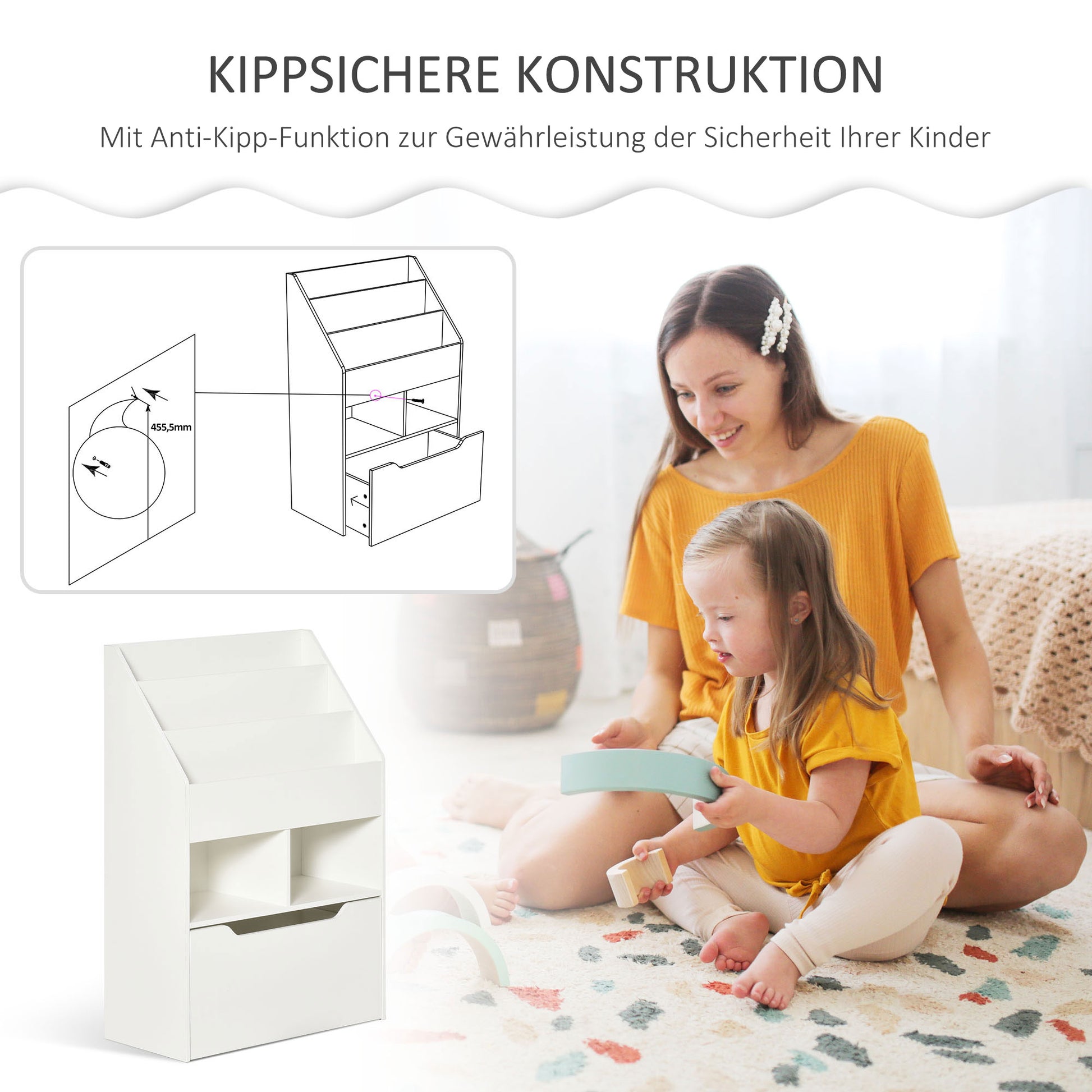 Children's Bookshelf Kids Shelf with Drawer, 3 Shelves, and 2 Open Shelves, Storage Shelf for Kids' Room, Playroom, White, 60 x 29.9 x 90 cm