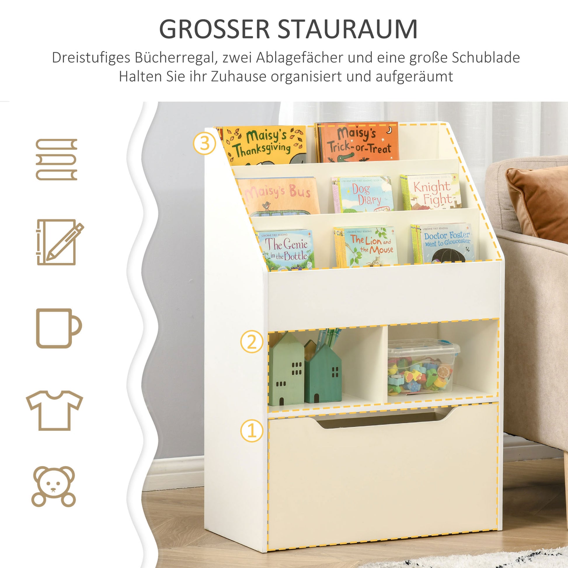 Children's Bookshelf Kids Shelf with Drawer, 3 Shelves, and 2 Open Shelves, Storage Shelf for Kids' Room, Playroom, White, 60 x 29.9 x 90 cm