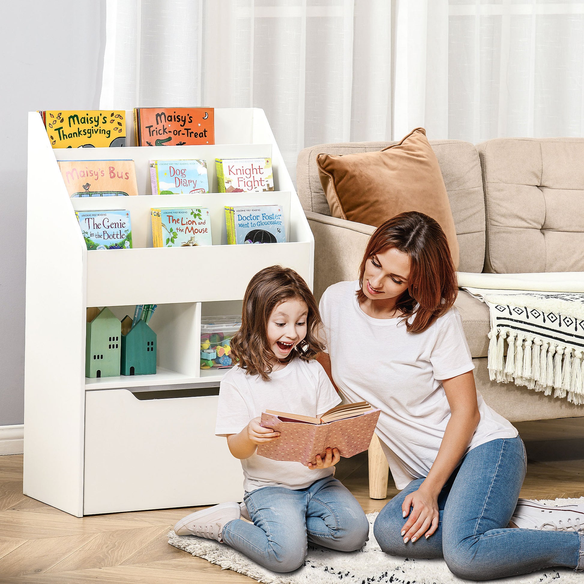 Children's Bookshelf Kids Shelf with Drawer, 3 Shelves, and 2 Open Shelves, Storage Shelf for Kids' Room, Playroom, White, 60 x 29.9 x 90 cm