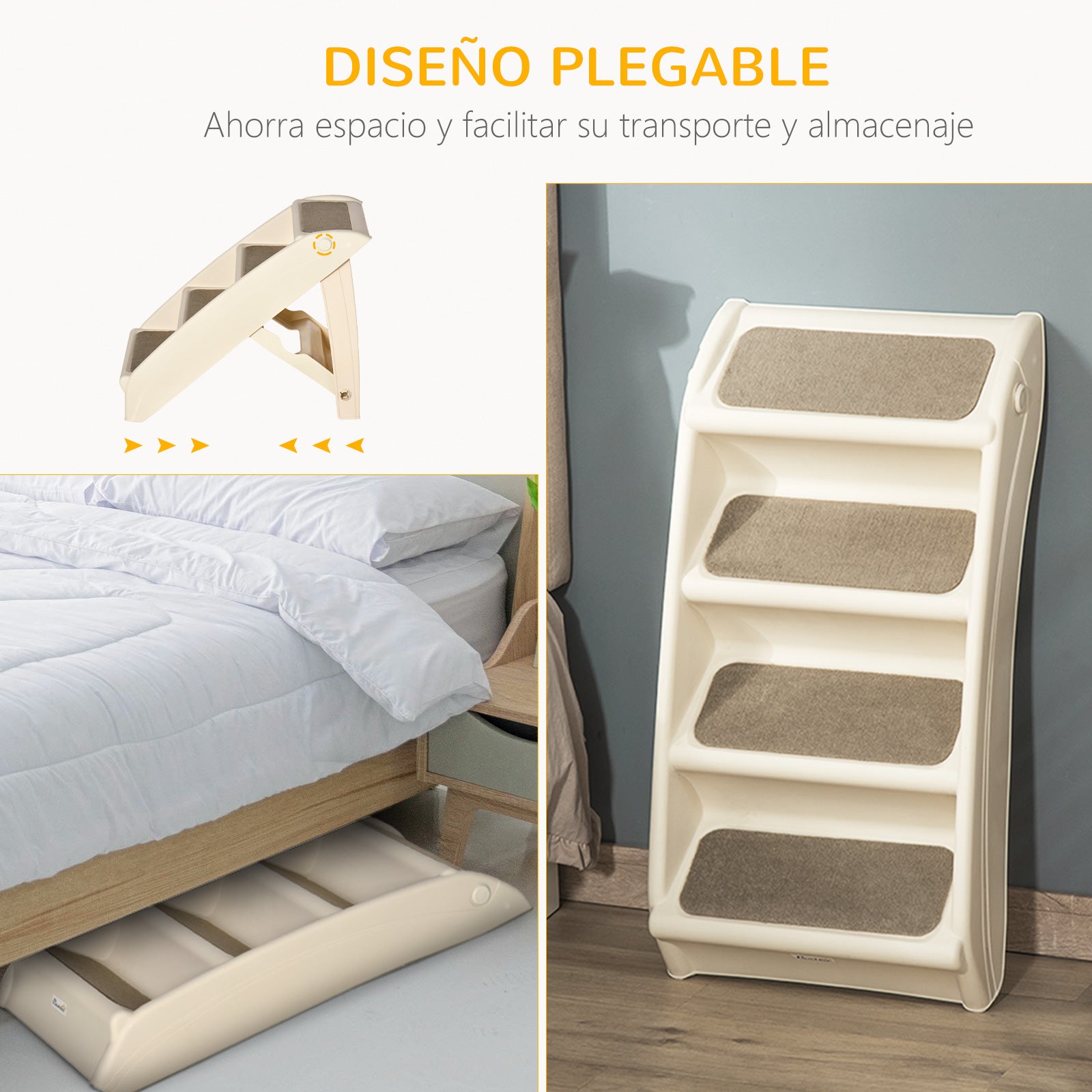 Foldable Pet Staircase with 4 Steps for Dogs Cats Portable with Non-Slip Mats for Bed Sofa Load 20 kg 62x38x49.5 cm Beige