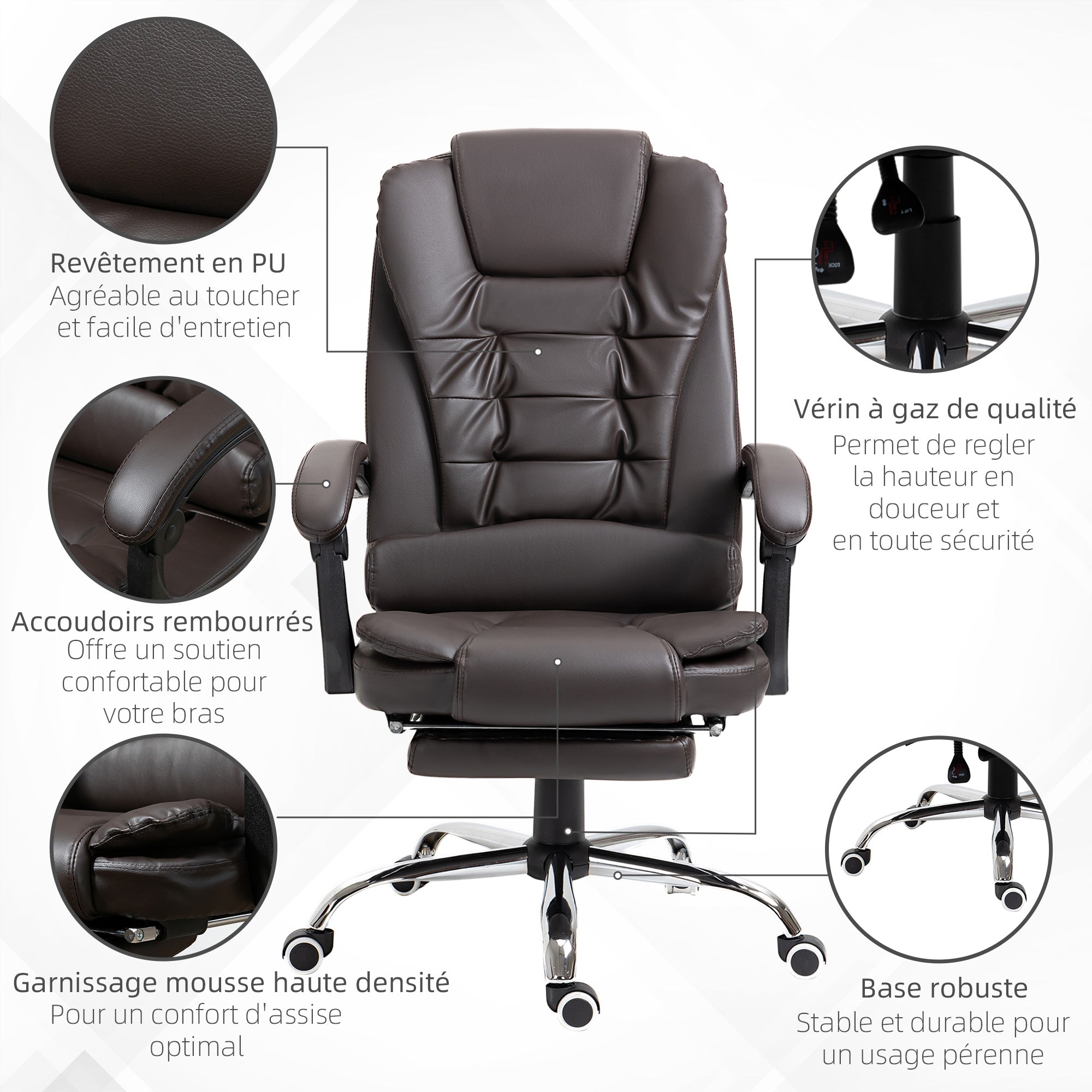 High Back Executive Office Chair Pu Leather Reclining Home Office Chair with Footrest Brown