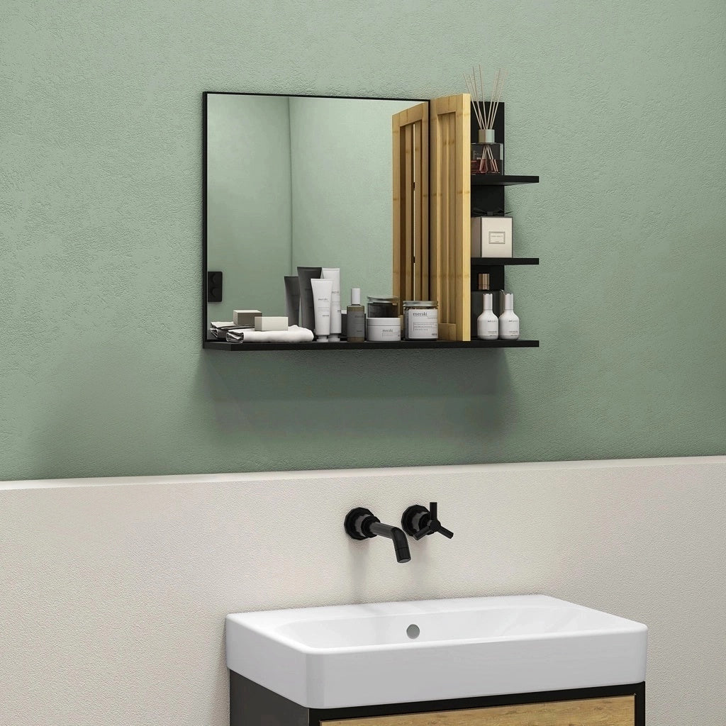 Wall Mount Bathroom Mirror with Storage Shelves - 3 Side Shelves + 1 Lower Shelf - Bamboo Wood