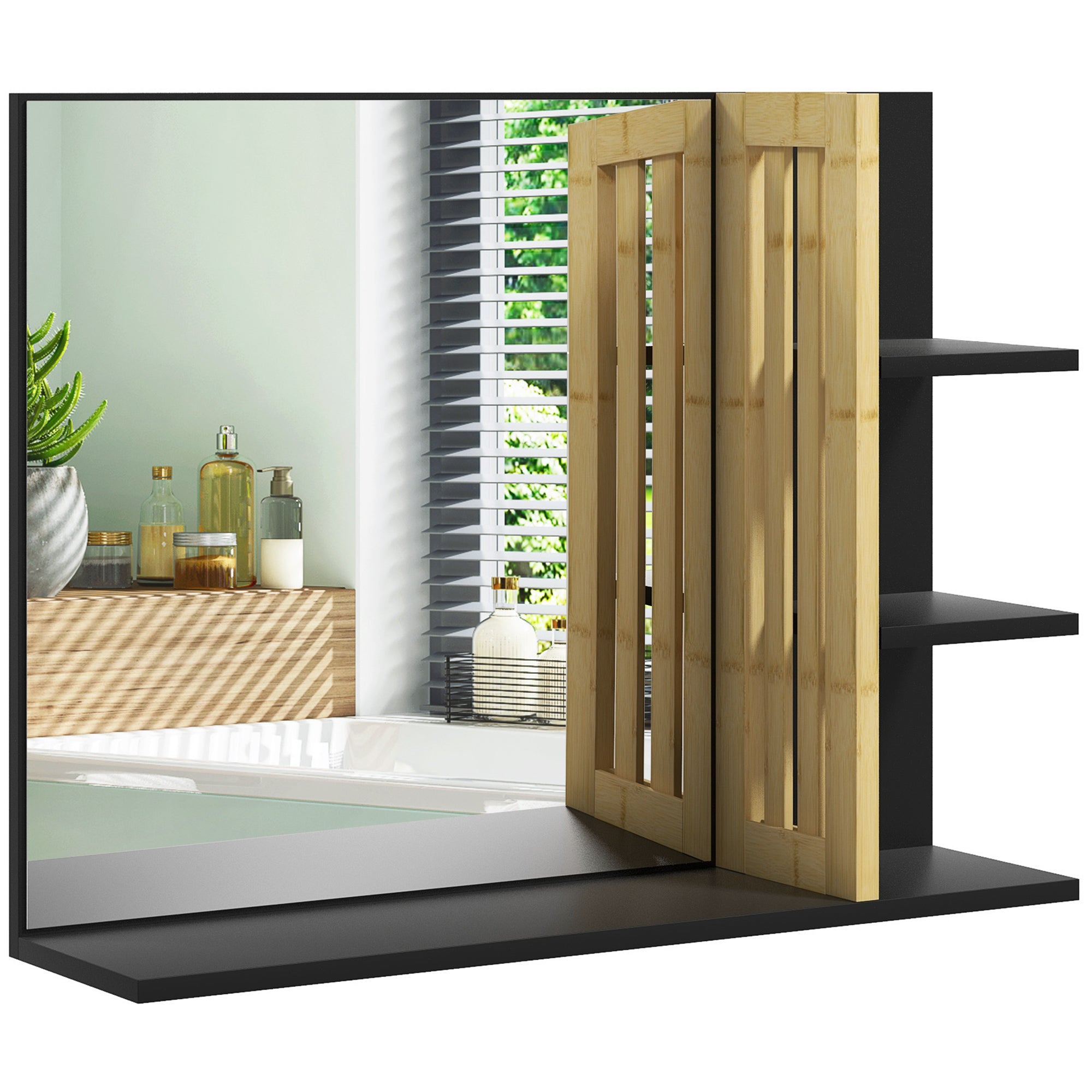 Wall Mount Bathroom Mirror with Storage Shelves - 3 Side Shelves + 1 Lower Shelf - Bamboo Wood