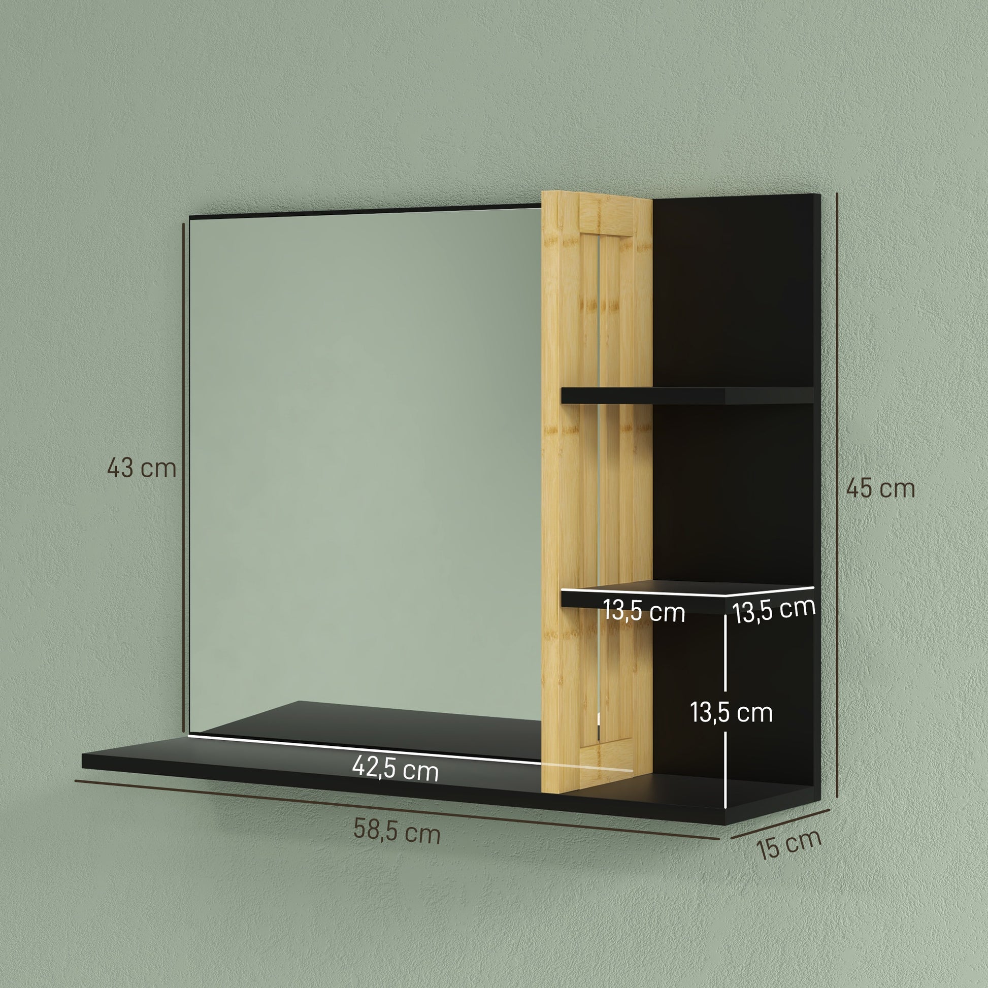 Wall Mount Bathroom Mirror with Storage Shelves - 3 Side Shelves + 1 Lower Shelf - Bamboo Wood