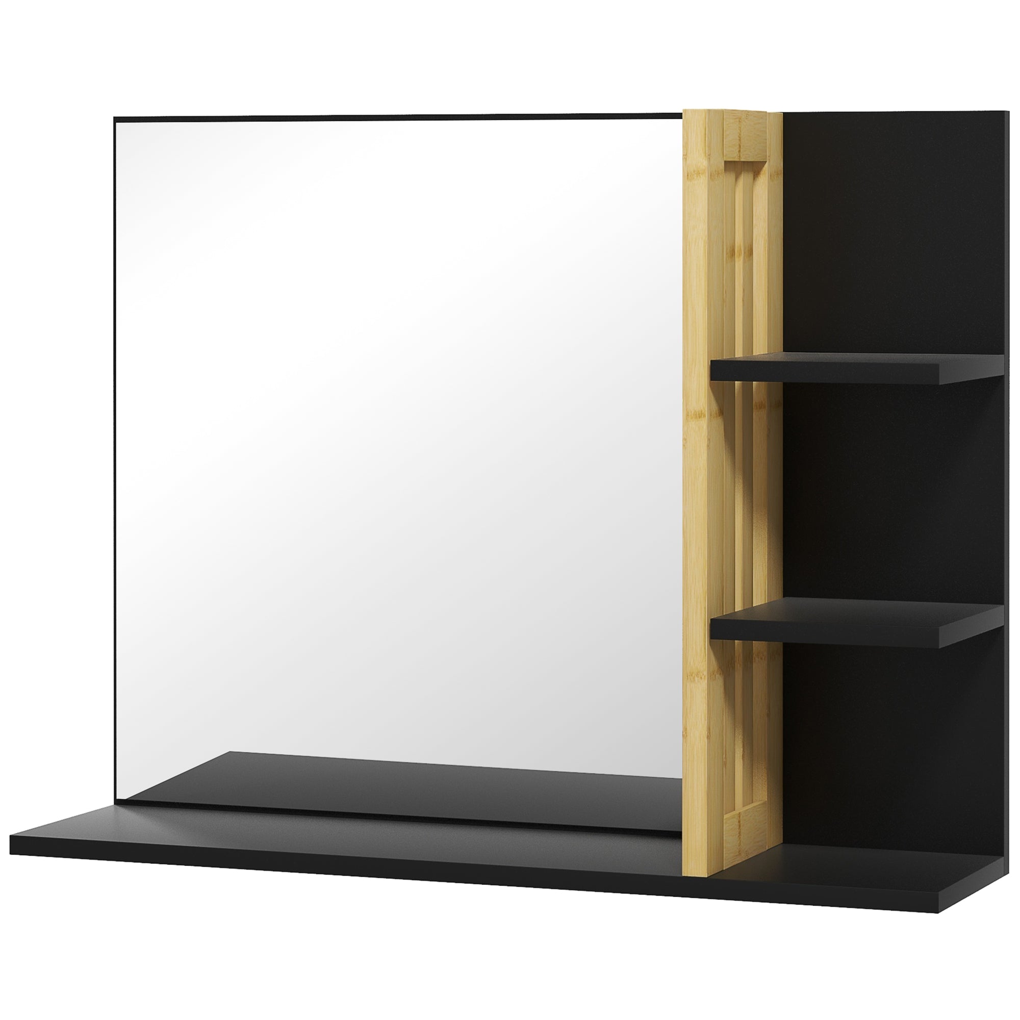 Wall Mount Bathroom Mirror with Storage Shelves - 3 Side Shelves + 1 Lower Shelf - Bamboo Wood