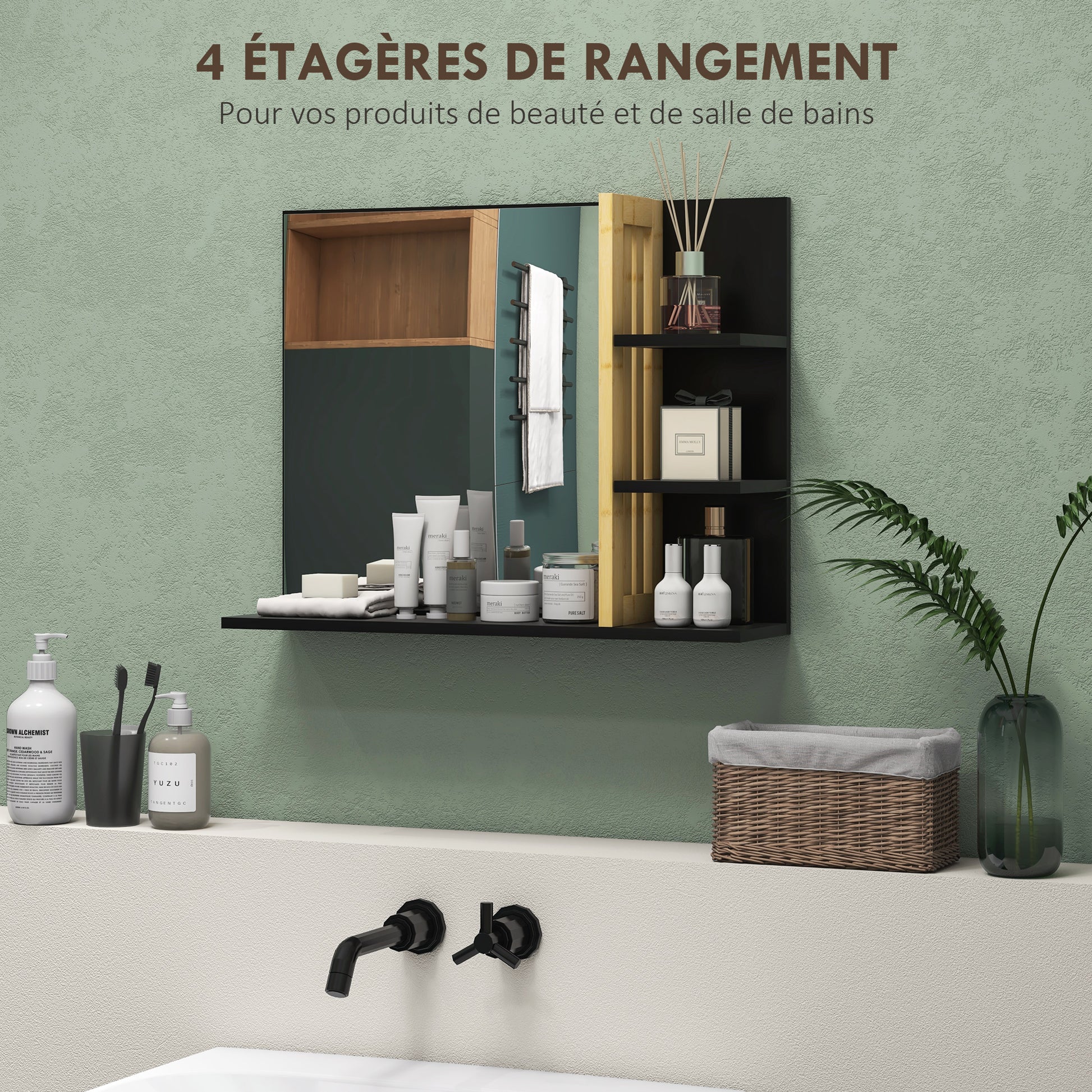 Wall Mount Bathroom Mirror with Storage Shelves - 3 Side Shelves + 1 Lower Shelf - Bamboo Wood