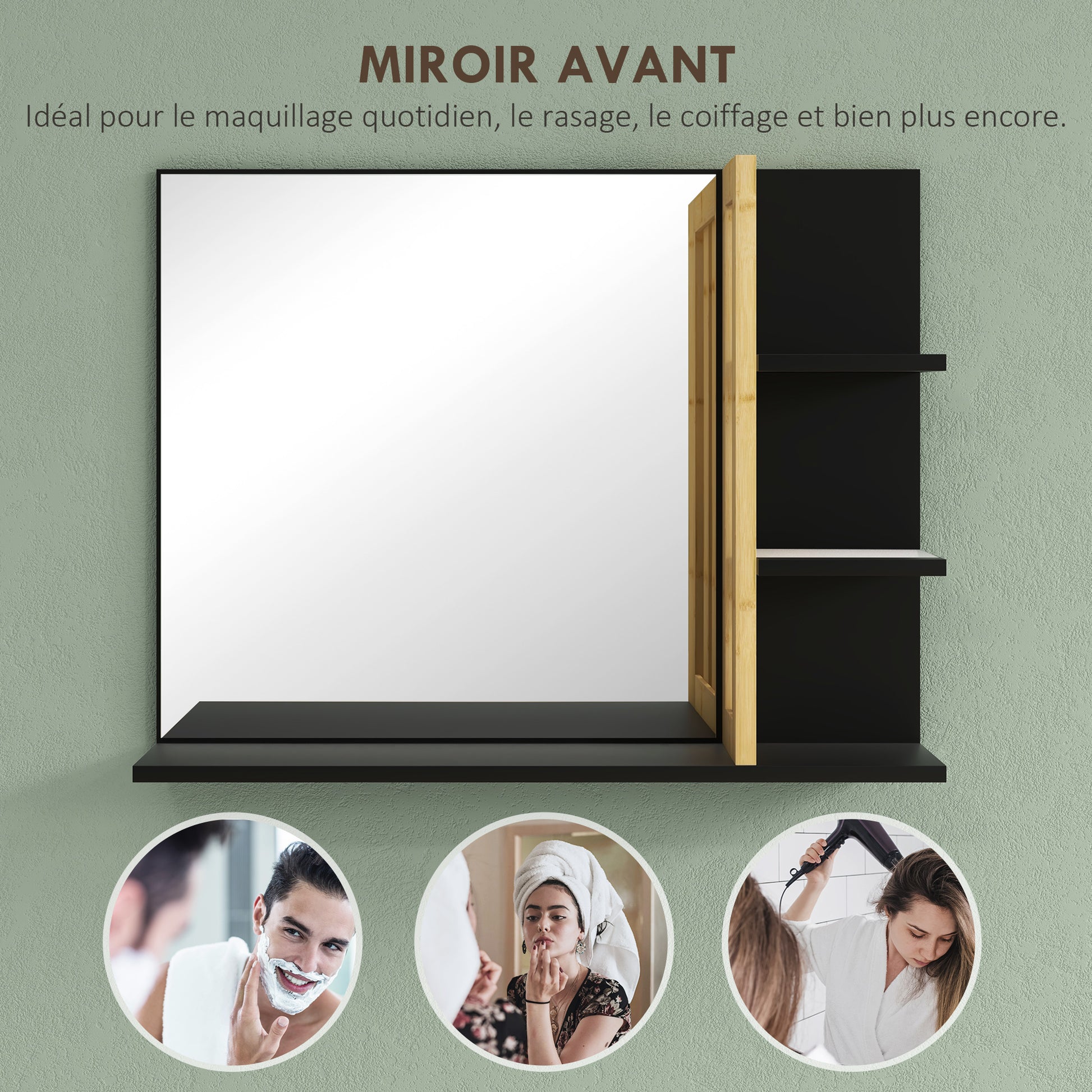 Wall Mount Bathroom Mirror with Storage Shelves - 3 Side Shelves + 1 Lower Shelf - Bamboo Wood