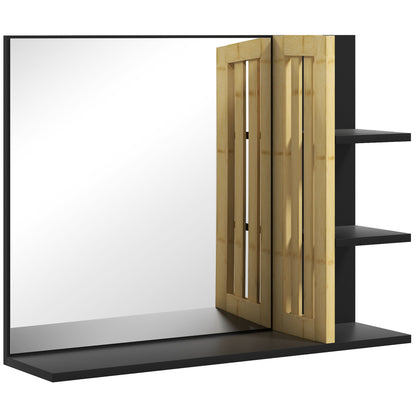 Wall Mount Bathroom Mirror with Storage Shelves - 3 Side Shelves + 1 Lower Shelf - Bamboo Wood
