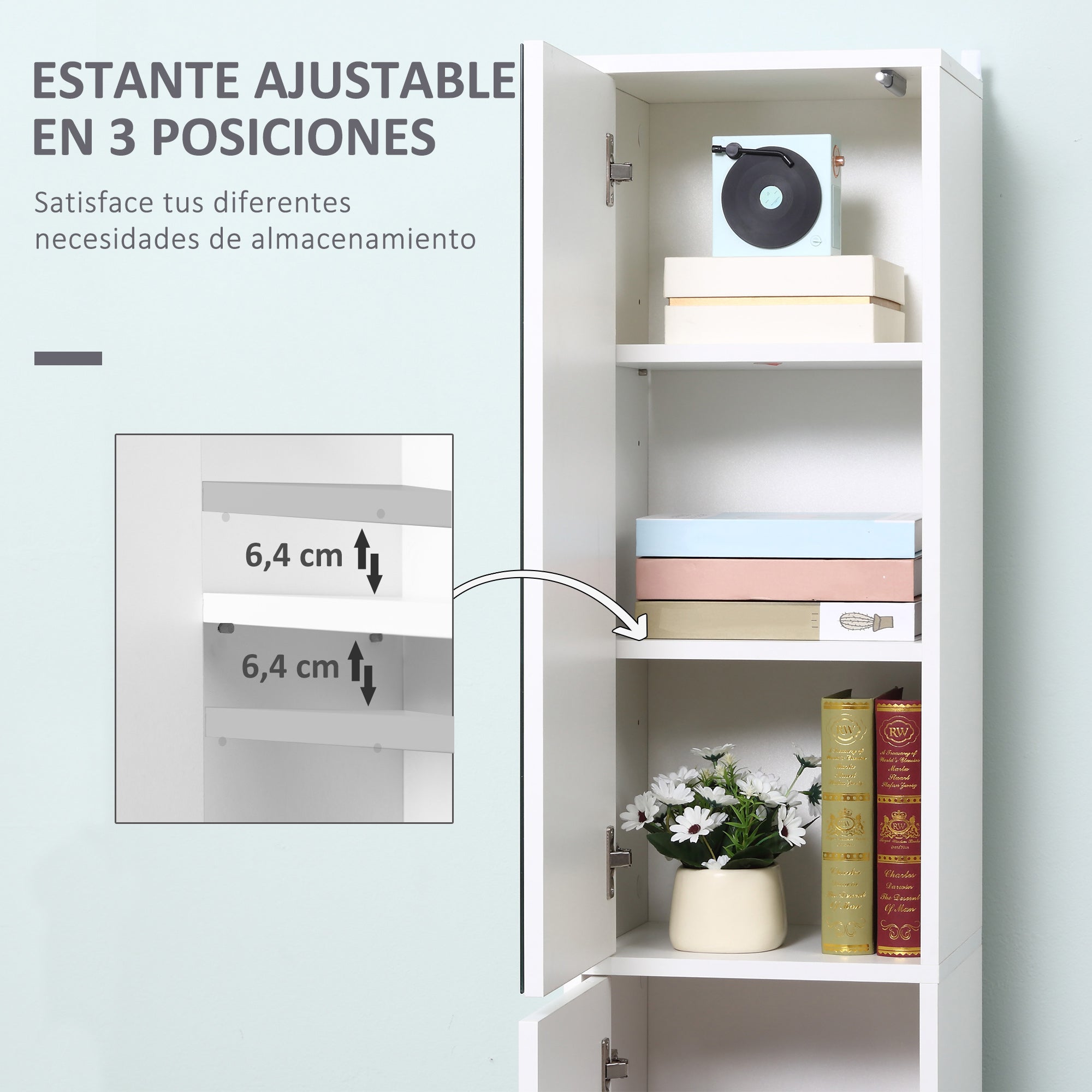 High Bathroom Cabinet Column Bathroom Furniture with Mirror 2 Doors and Adjustable Interior Shelves Multi-purpose for Kitchen Living Room 32x28x162 cm White