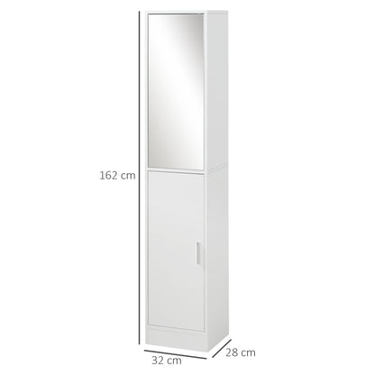 High Bathroom Cabinet Column Bathroom Furniture with Mirror 2 Doors and Adjustable Interior Shelves Multi-purpose for Kitchen Living Room 32x28x162 cm White