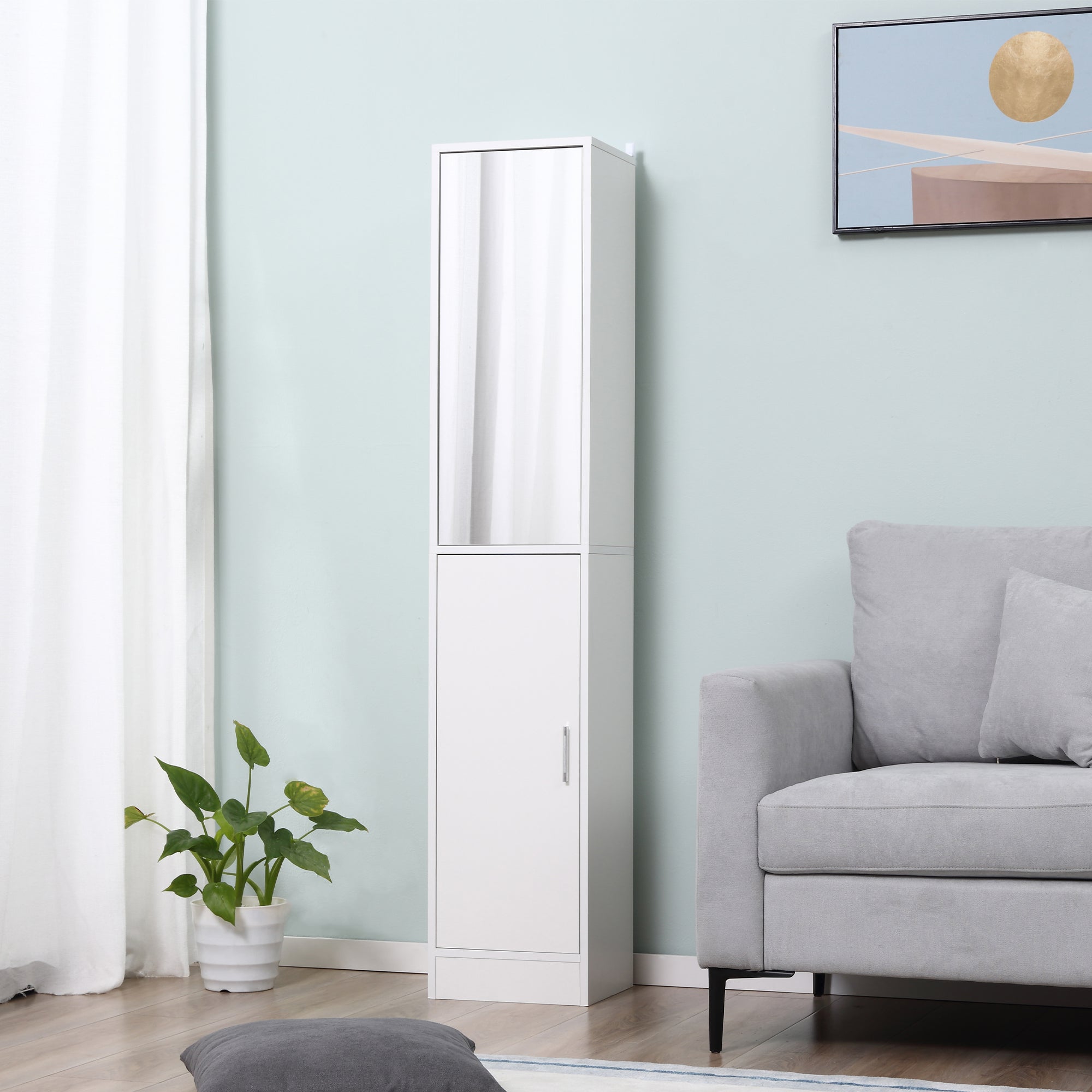 High Bathroom Cabinet Column Bathroom Furniture with Mirror 2 Doors and Adjustable Interior Shelves Multi-purpose for Kitchen Living Room 32x28x162 cm White
