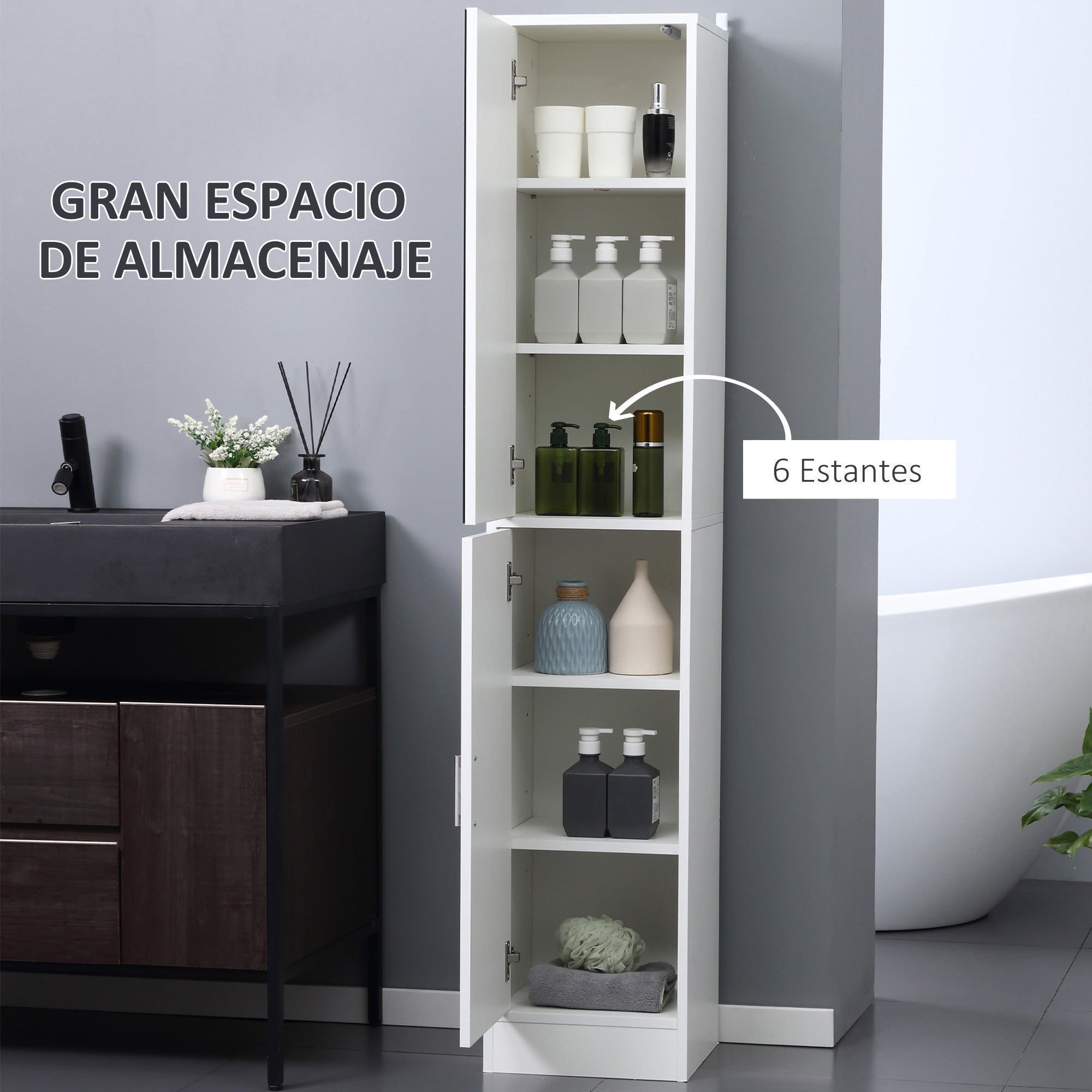 High Bathroom Cabinet Column Bathroom Furniture with Mirror 2 Doors and Adjustable Interior Shelves Multi-purpose for Kitchen Living Room 32x28x162 cm White