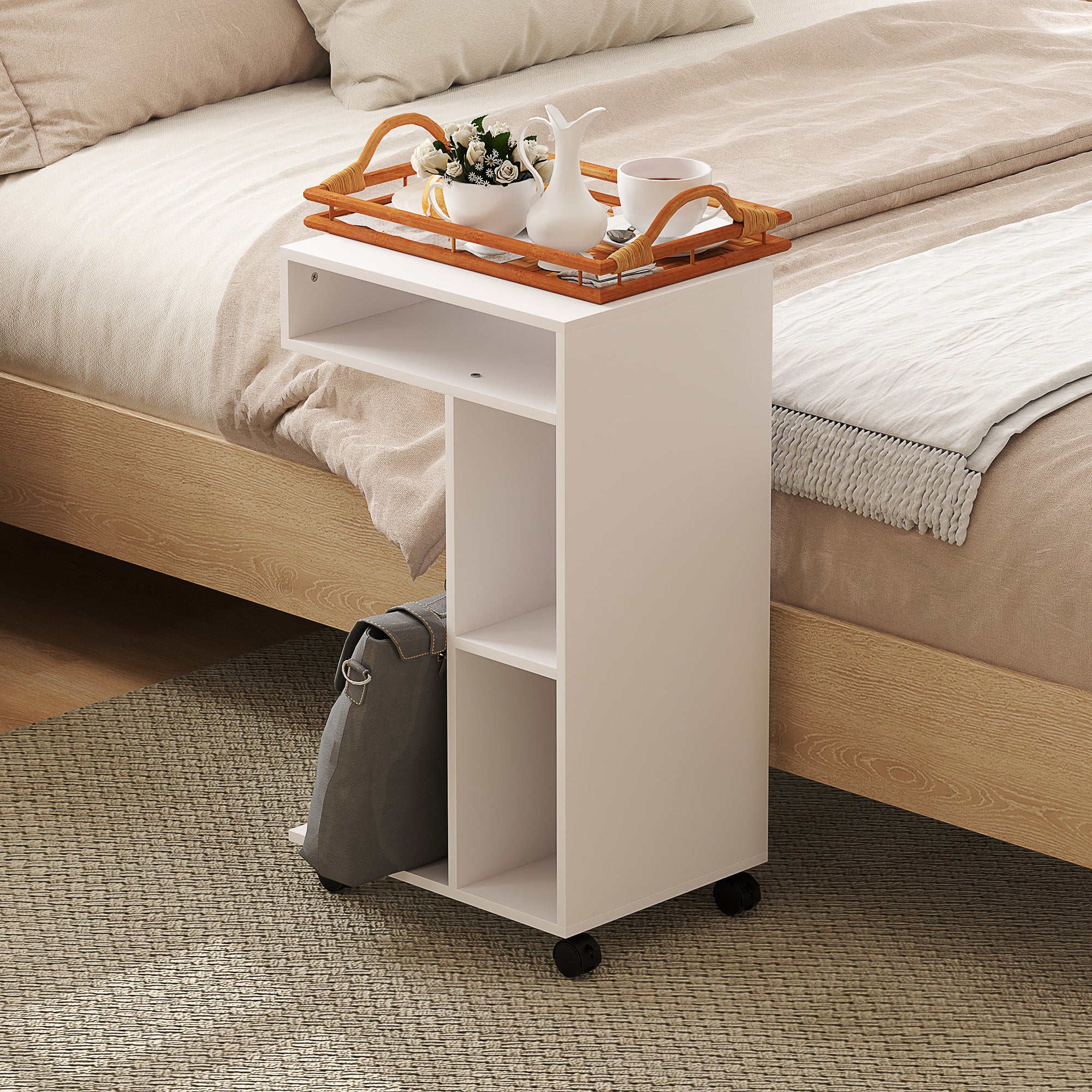 Side Table C-Shape Nightstand with 4 Shelves, Casters, Coffee Table, Living Room Table Laptop Table for Living Room Bedroom 40 x 30 x 69 cm White