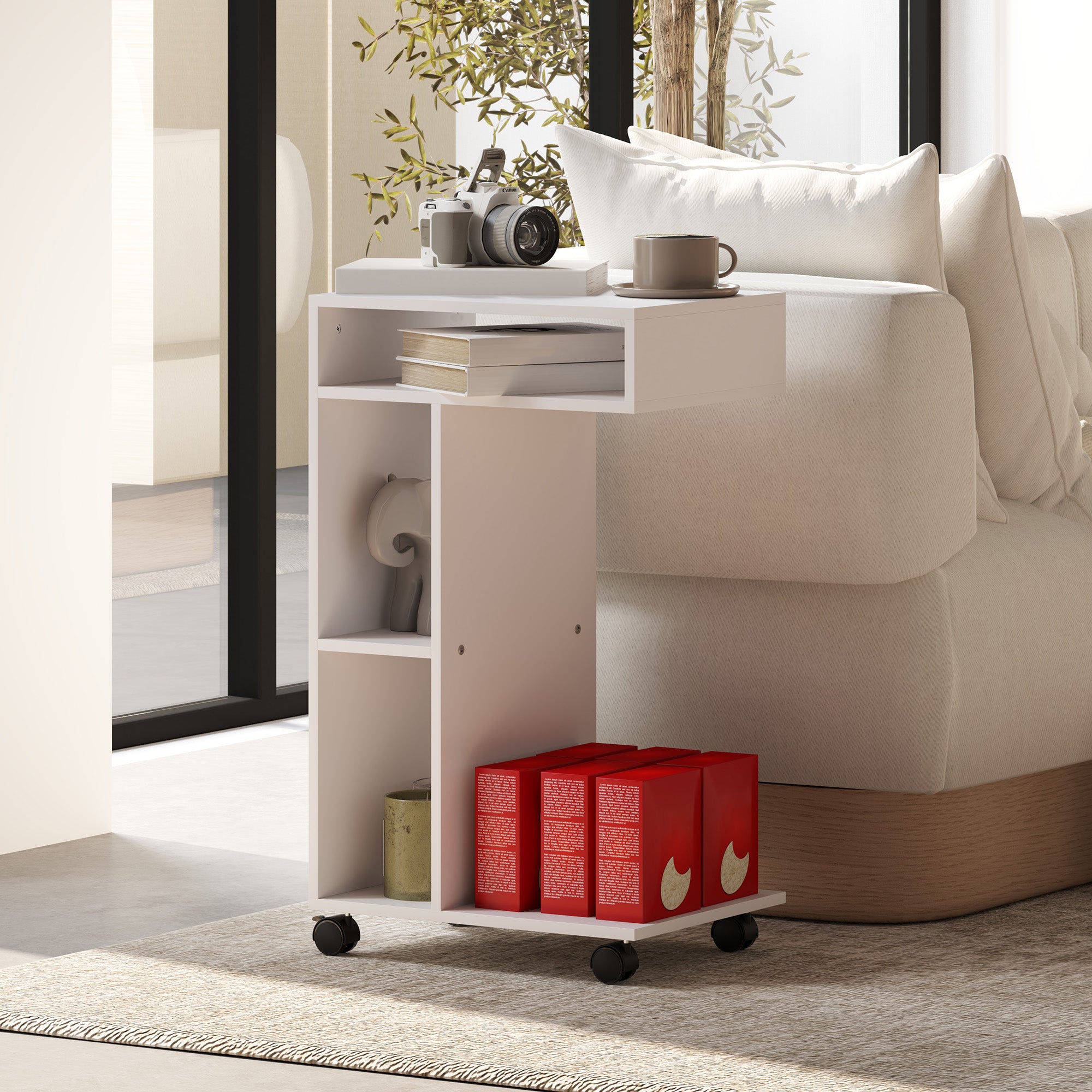 Side Table C-Shape Nightstand with 4 Shelves, Casters, Coffee Table, Living Room Table Laptop Table for Living Room Bedroom 40 x 30 x 69 cm White
