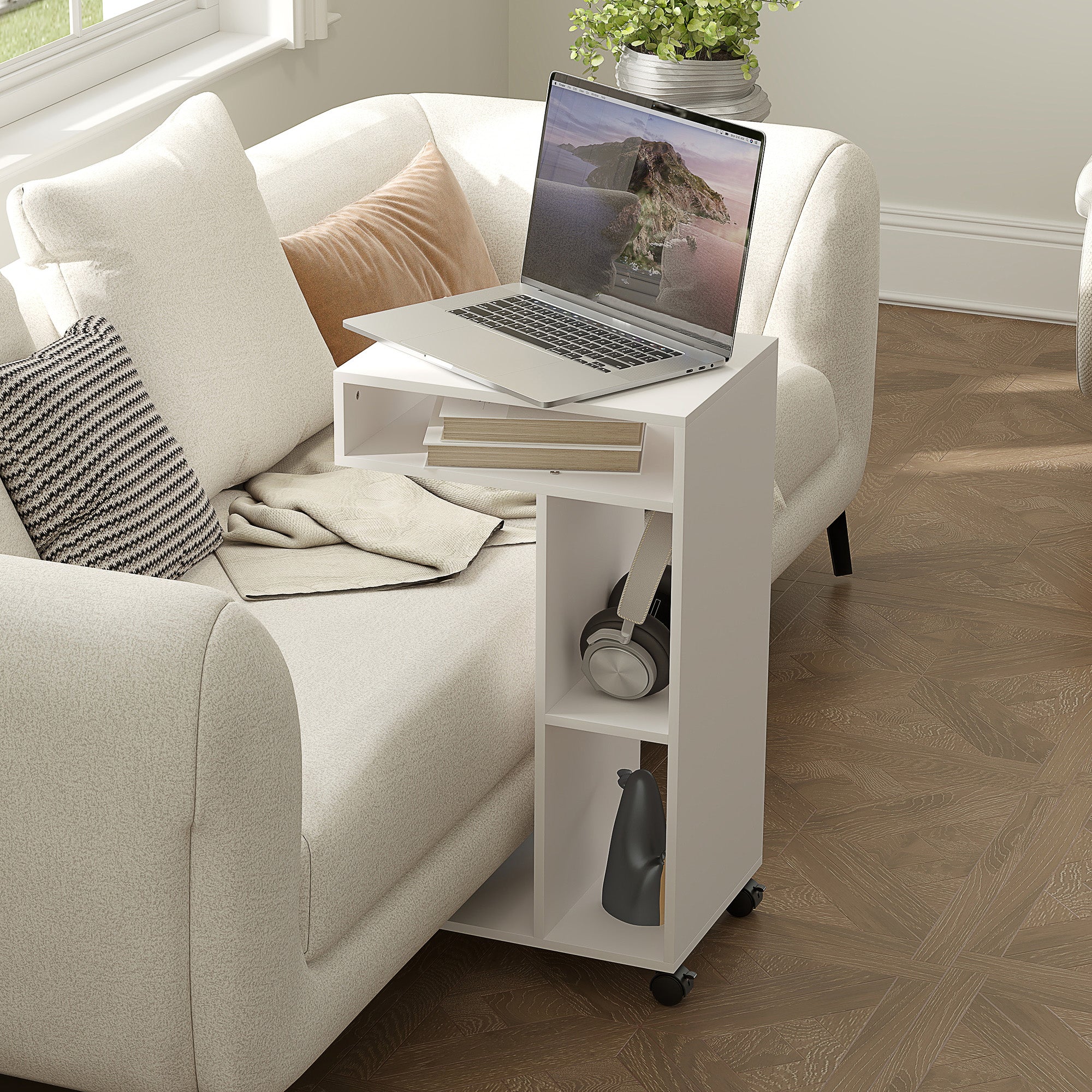 Side Table C-Shape Nightstand with 4 Shelves, Casters, Coffee Table, Living Room Table Laptop Table for Living Room Bedroom 40 x 30 x 69 cm White