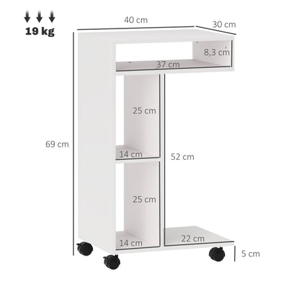 Side Table C-Shape Nightstand with 4 Shelves, Casters, Coffee Table, Living Room Table Laptop Table for Living Room Bedroom 40 x 30 x 69 cm White